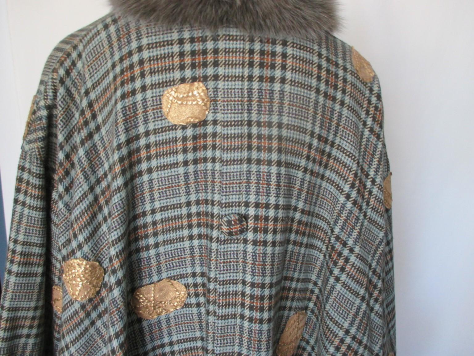  Hippy Chic Checked Wool Fox Fur Stole Cape For Sale 3