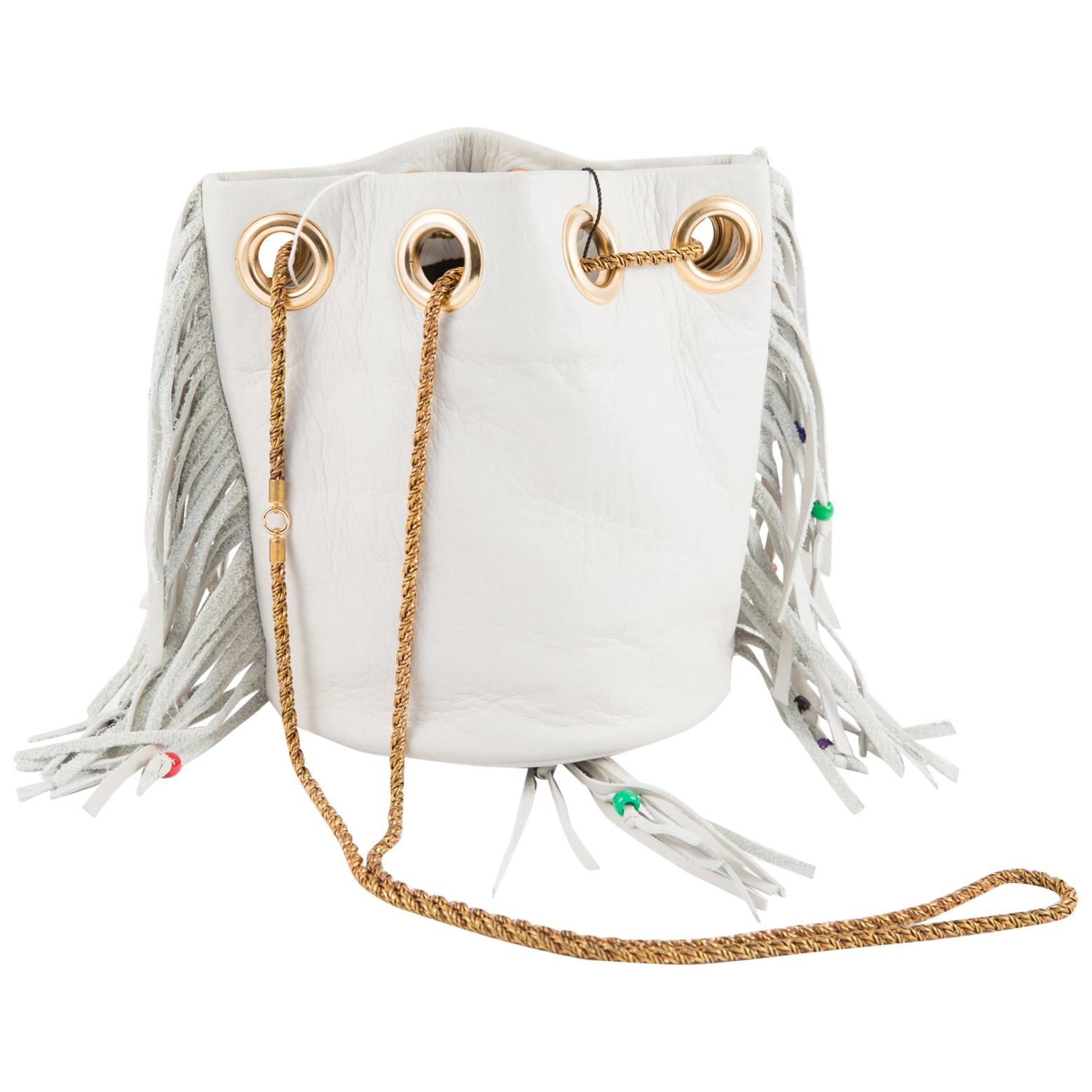 Hippy Look Fringed Off White Leather Shoulder Bag 