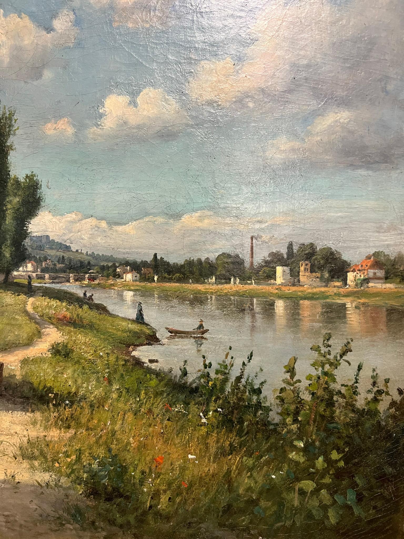 Peinture impressionniste américaine du 19ème siècle représentant une scène de rivière française - Painting de  Hiram Reynolds Bloomer