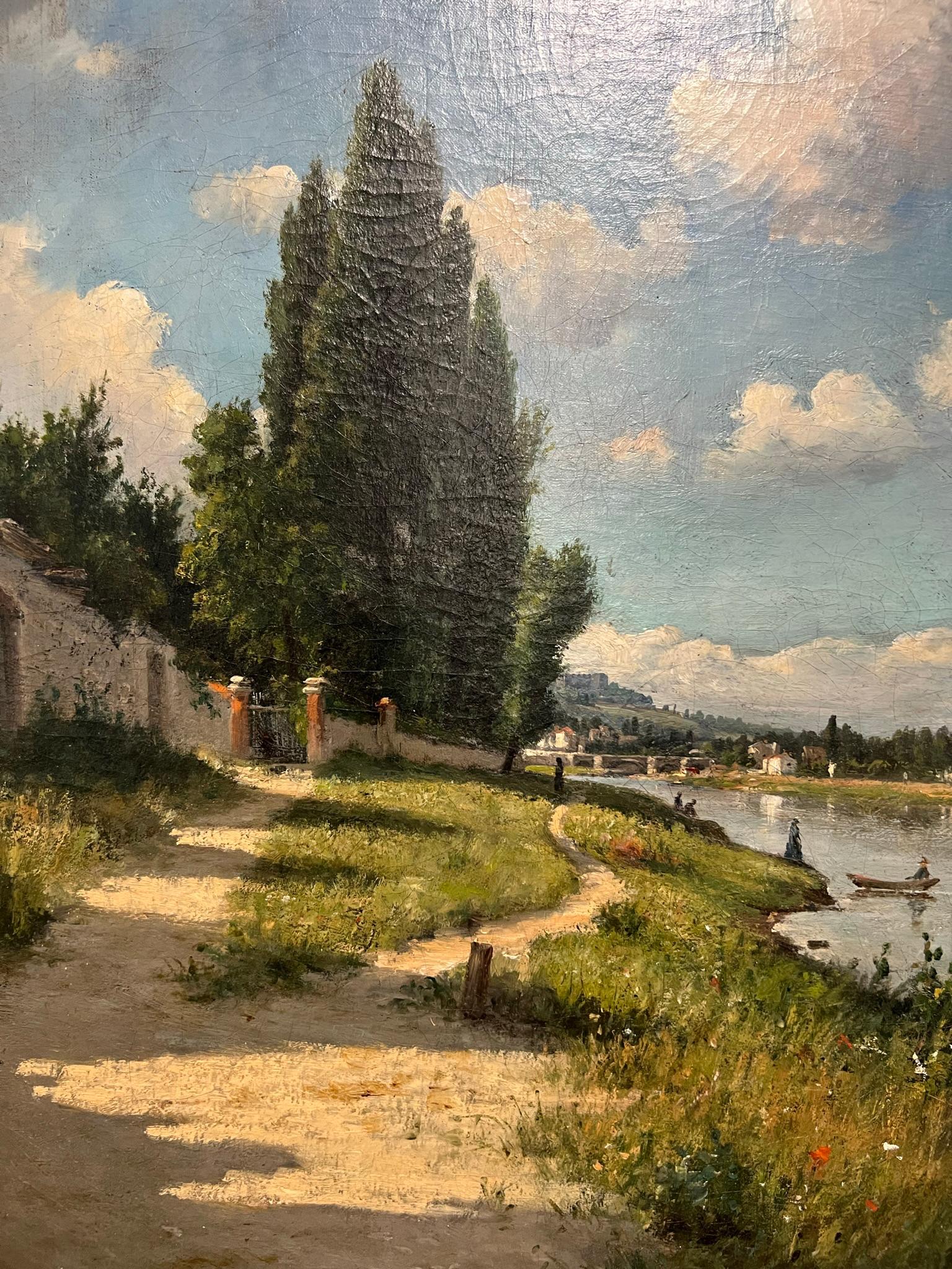 The picture shows a painting of a picturesque countryside with a trail and a river in it. The image depicts a road leading to a river with trees in the backdrop. In the image's foreground, people can be seen strolling along a path. There are clouds