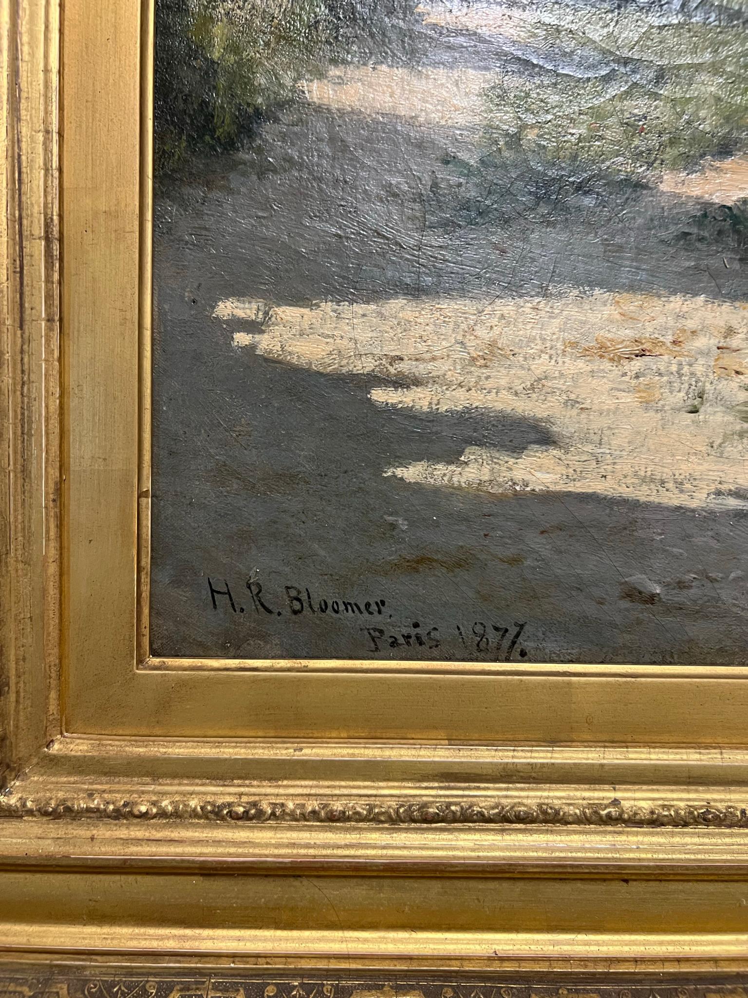 Peinture impressionniste américaine du 19ème siècle représentant une scène de rivière française - Marron Landscape Painting par  Hiram Reynolds Bloomer