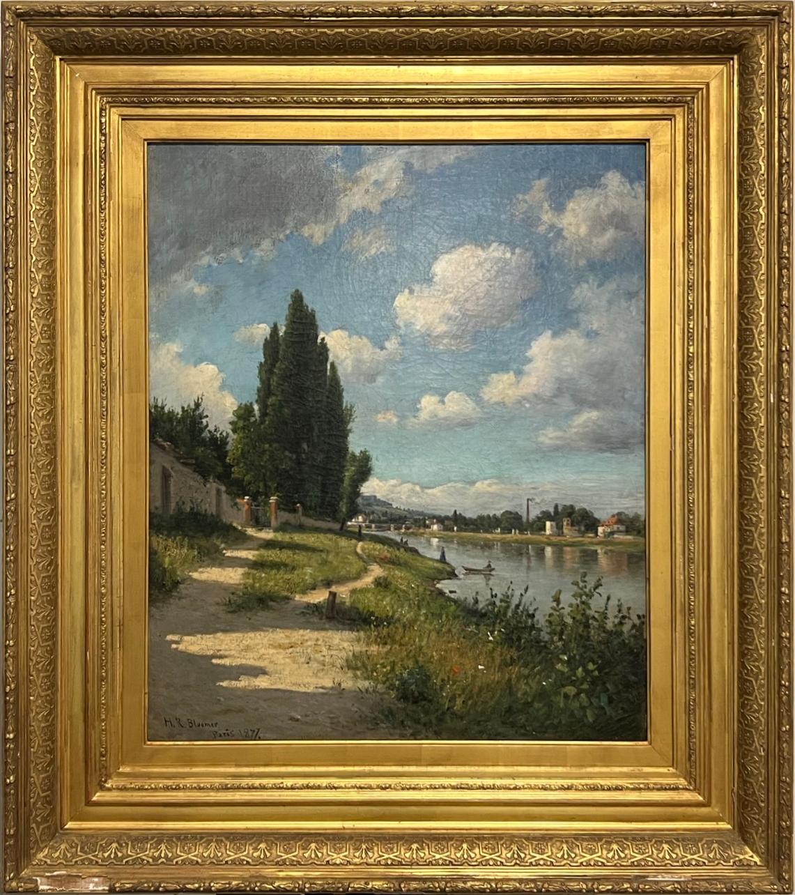 Landscape Painting  Hiram Reynolds Bloomer - Peinture impressionniste américaine du 19ème siècle représentant une scène de rivière française