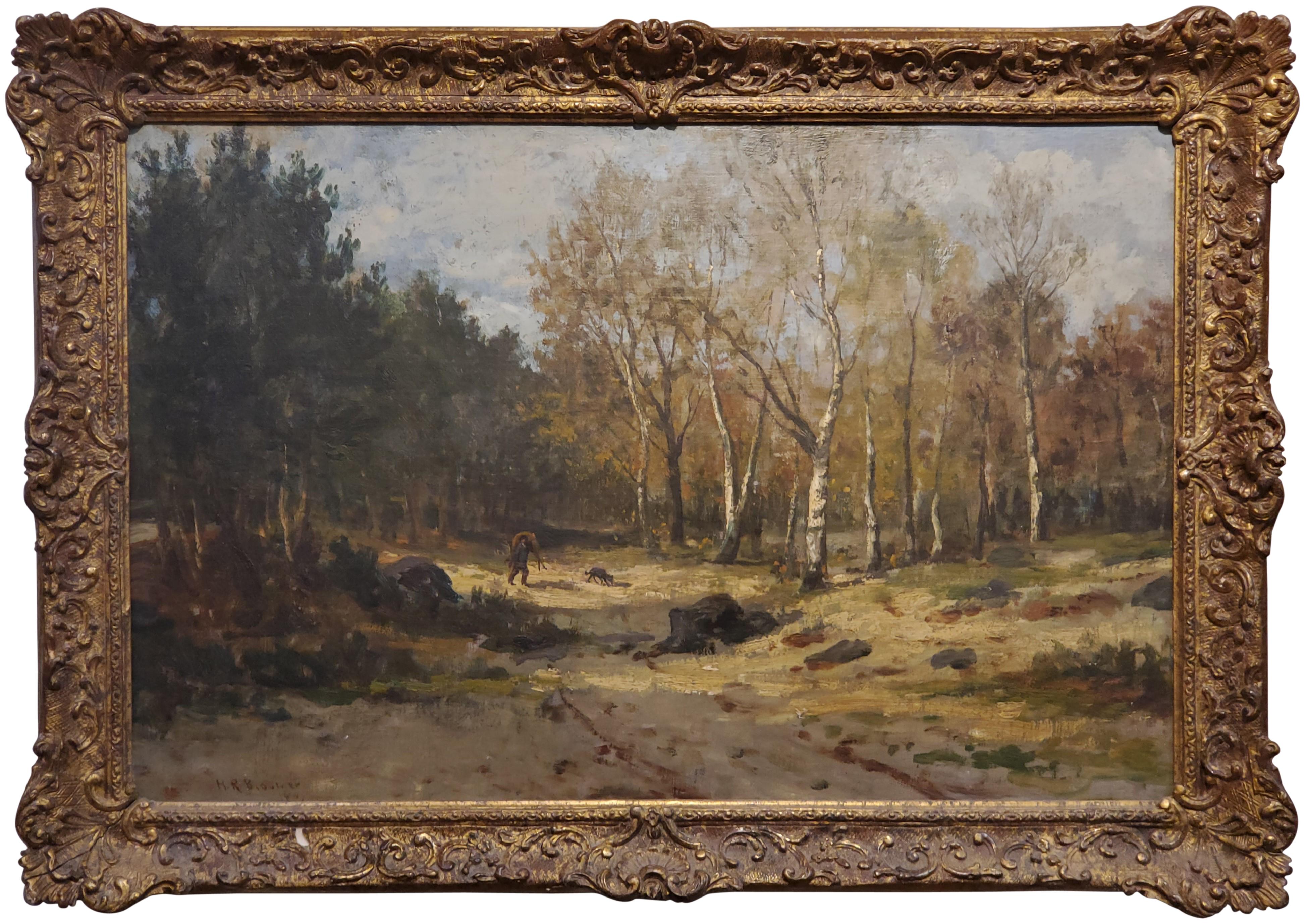  Hiram Reynolds Bloomer Landscape Painting - Hunting Deer In The Woods During Autumn With His Dog