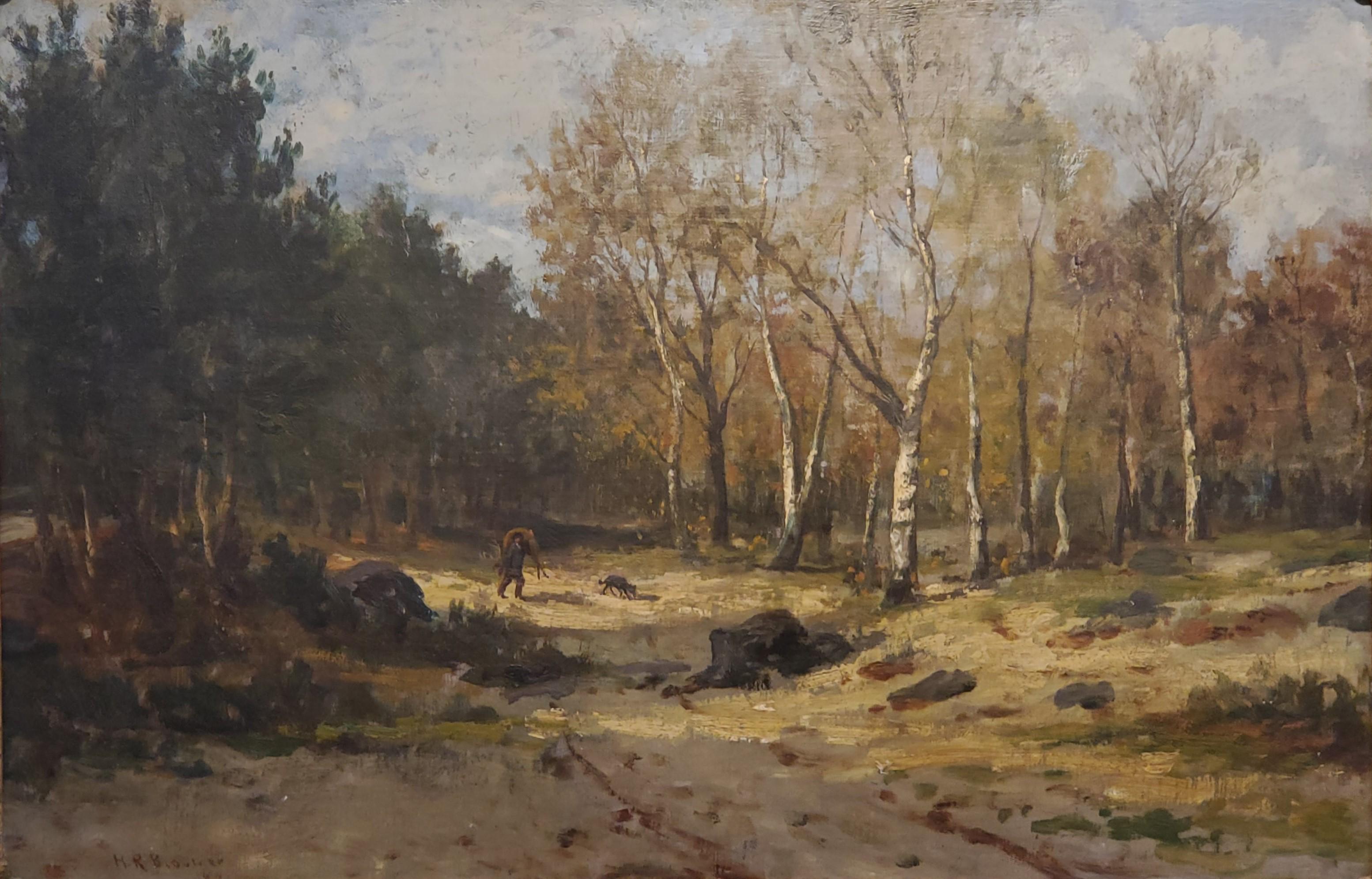 Hunting Deer In The Woods During Autumn With His Dog - Painting by  Hiram Reynolds Bloomer