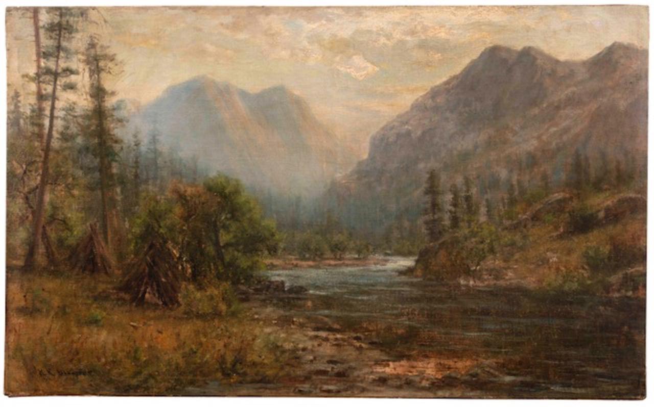 Landscape Painting  Hiram Reynolds Bloomer - Wigwams par une rivière, vallée de la Yosemite