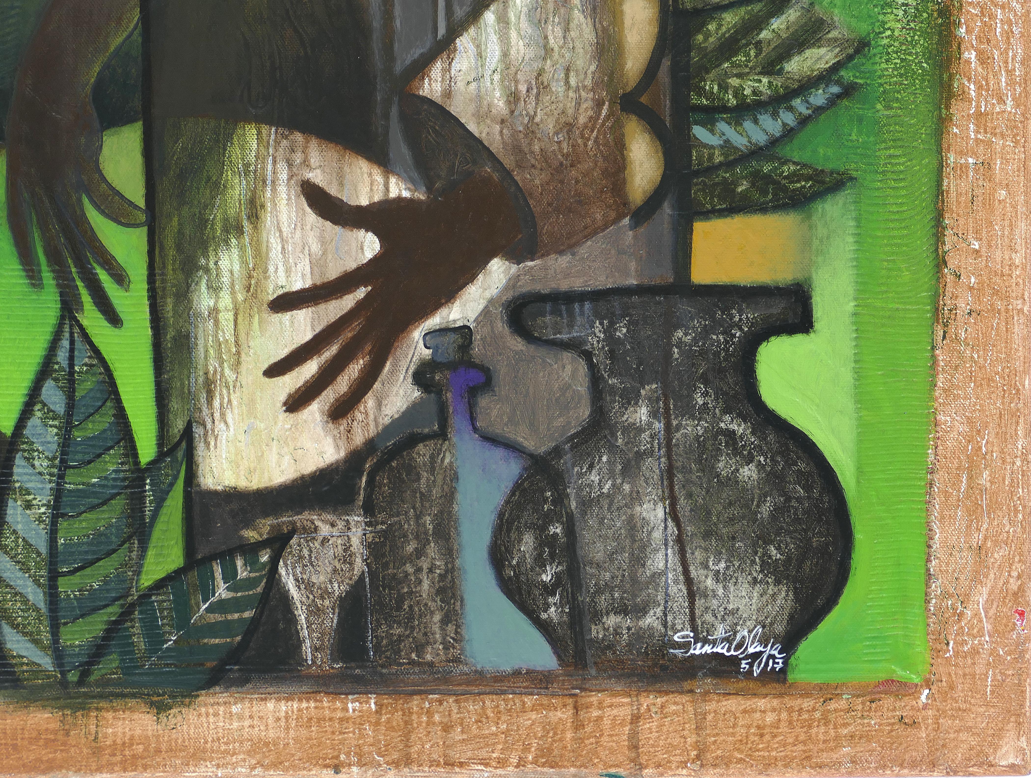 Hiremio Garcia Santaolaya abstract painting, Cuban American artist 

 Offered for sale is an original mixed media abstract figurative acrylic painting on canvas by the Cuban American artist Hiremio Garcia Santaolaya titled 