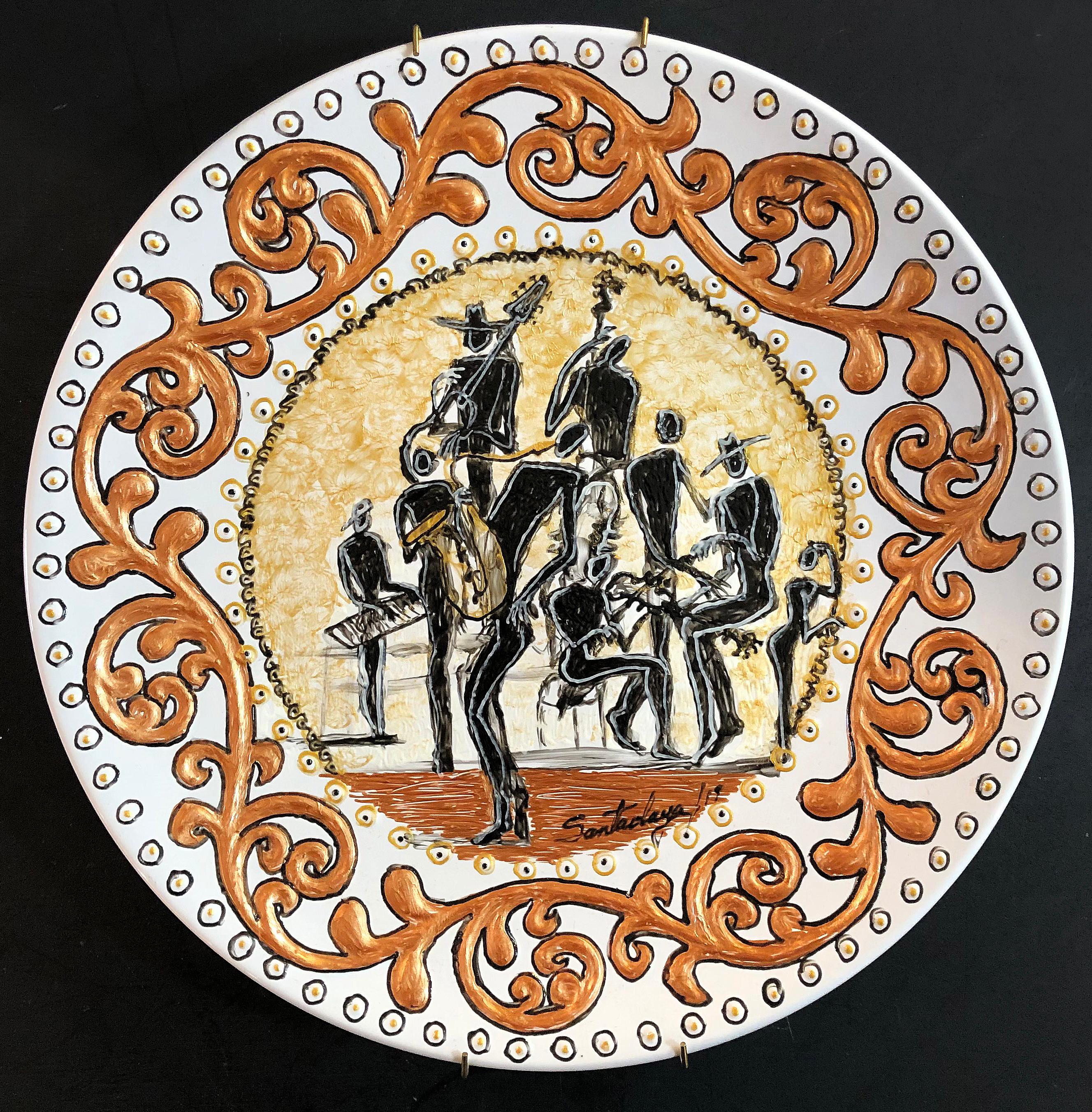 Hiremio Garcia Santaolaya ceramic wall charger, Cuban-American 

Offered is an original ceramic wall charger depicting a musical band by Cuban-American artist Hiremio Garcia Santaolaya, The charger is signed and dated 2019. It retains the original