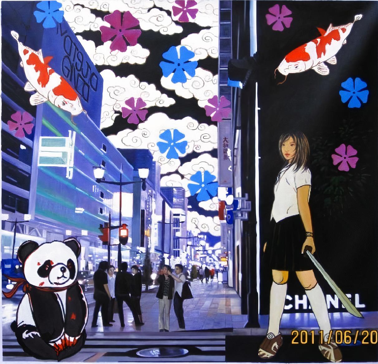 Chanel Elegance: Mitternachtssoirée in Tokios Blüten und Schatten – Painting von HIRO ANDO