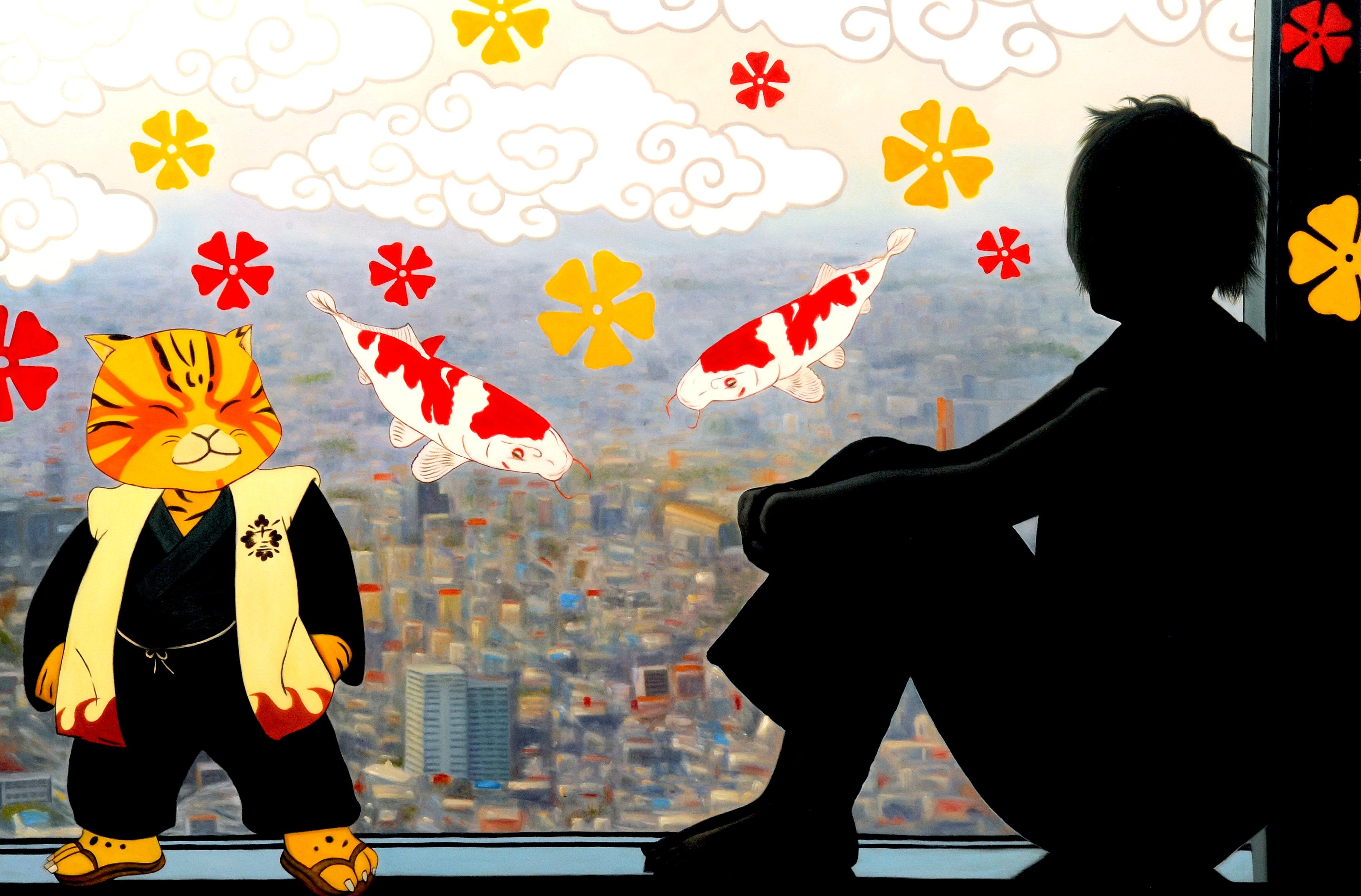 Chronicles de Charlotte's Window : Urbancat Gaze - Contemporain Painting par HIRO ANDO