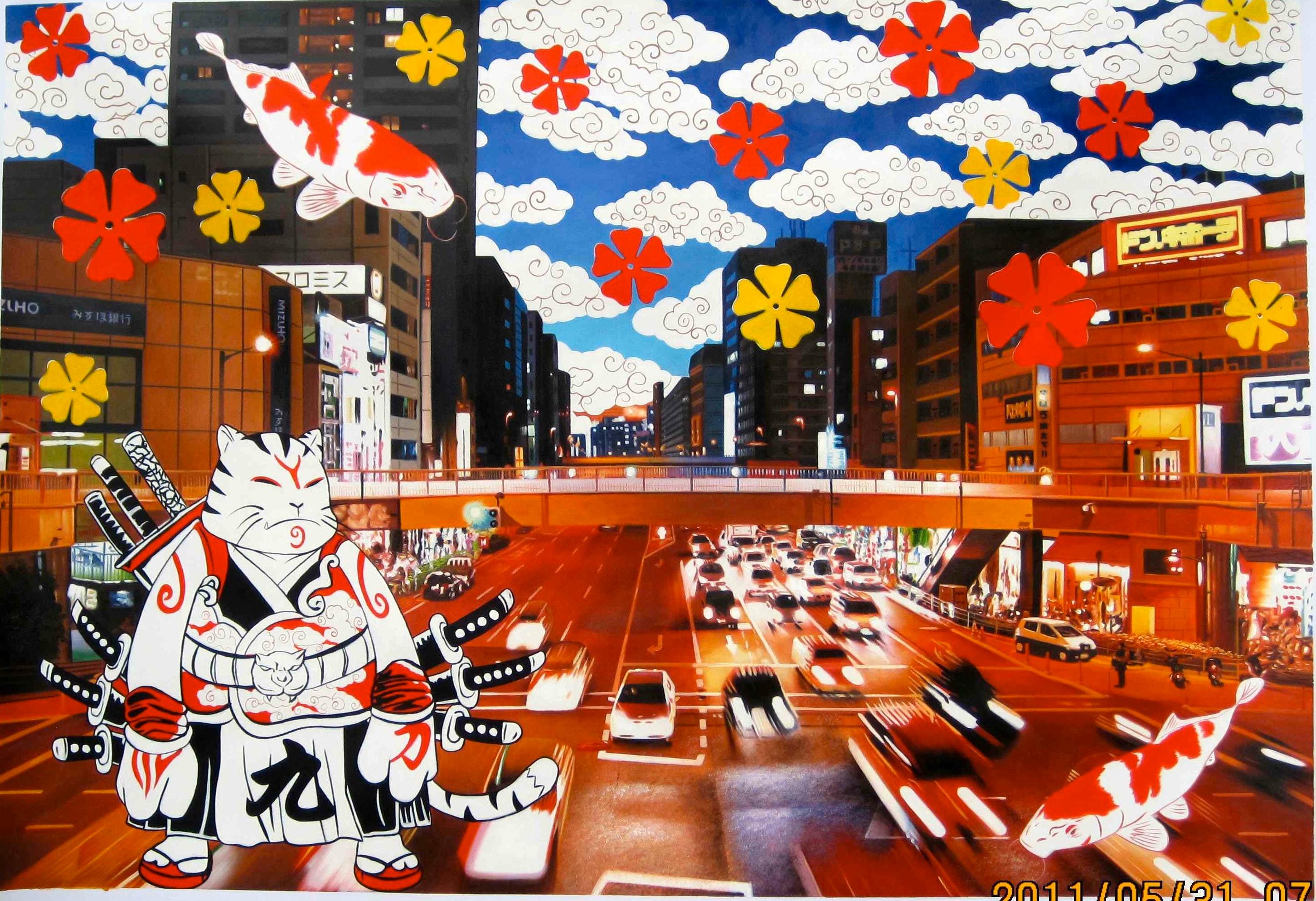 Nocturnal Echoes of Samuraicat : Kozokudoro Harmony - Painting by HIRO ANDO