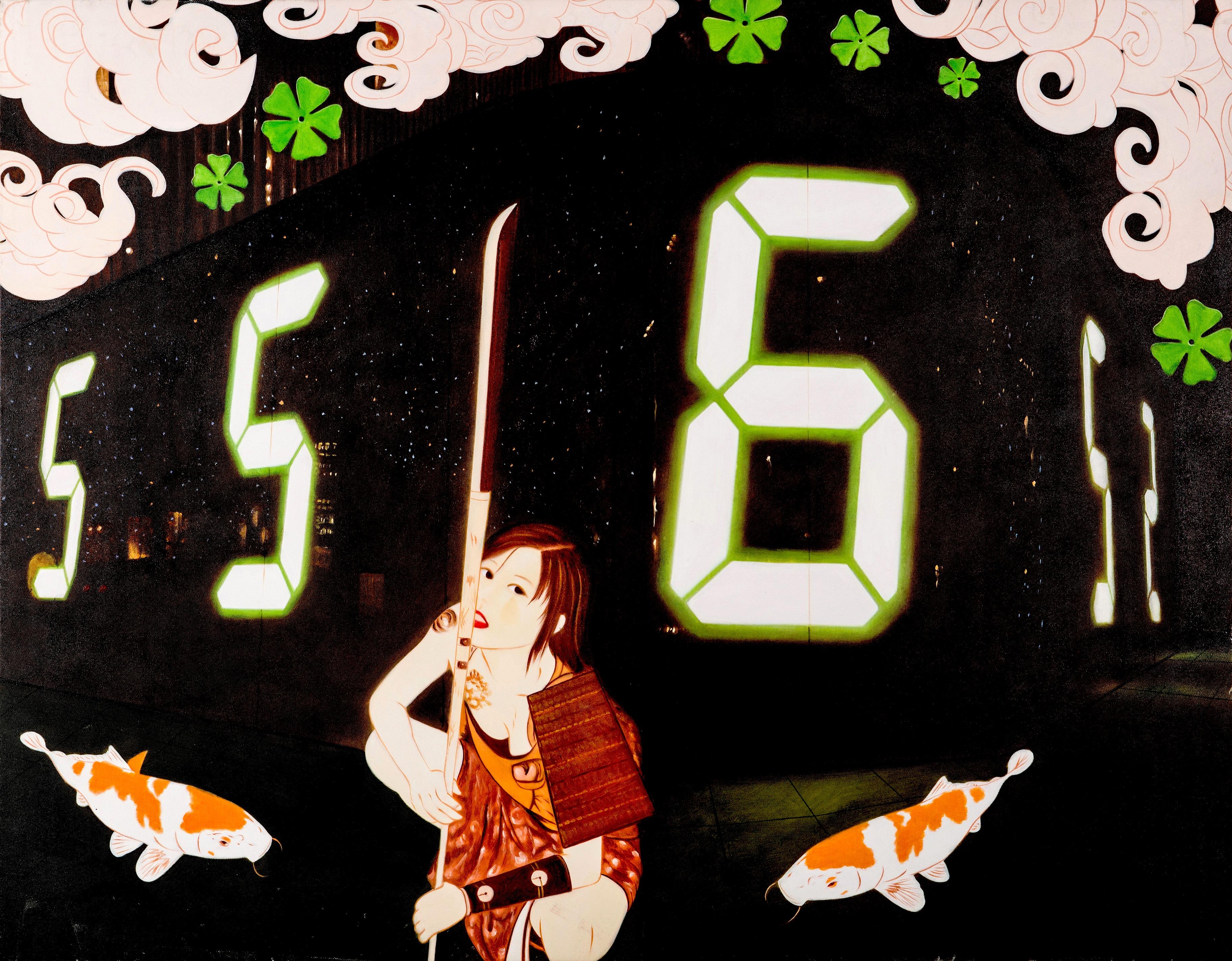 Lame de Lady of the Blossom : Duel éclairé de lune - Contemporain Painting par HIRO ANDO