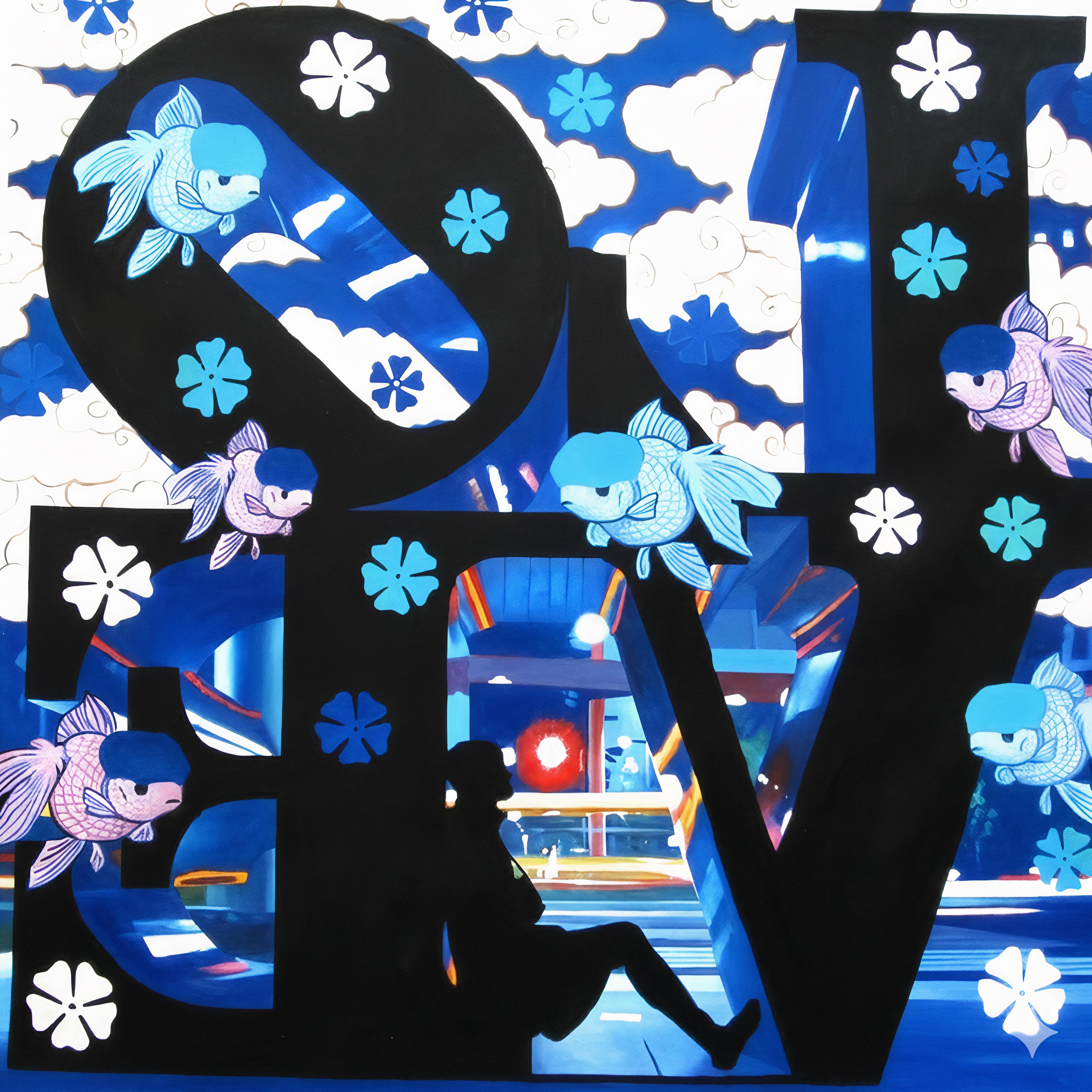 AMOR en tonos negros y azules : Abrazo nocturno - Painting Contemporáneo de HIRO ANDO
