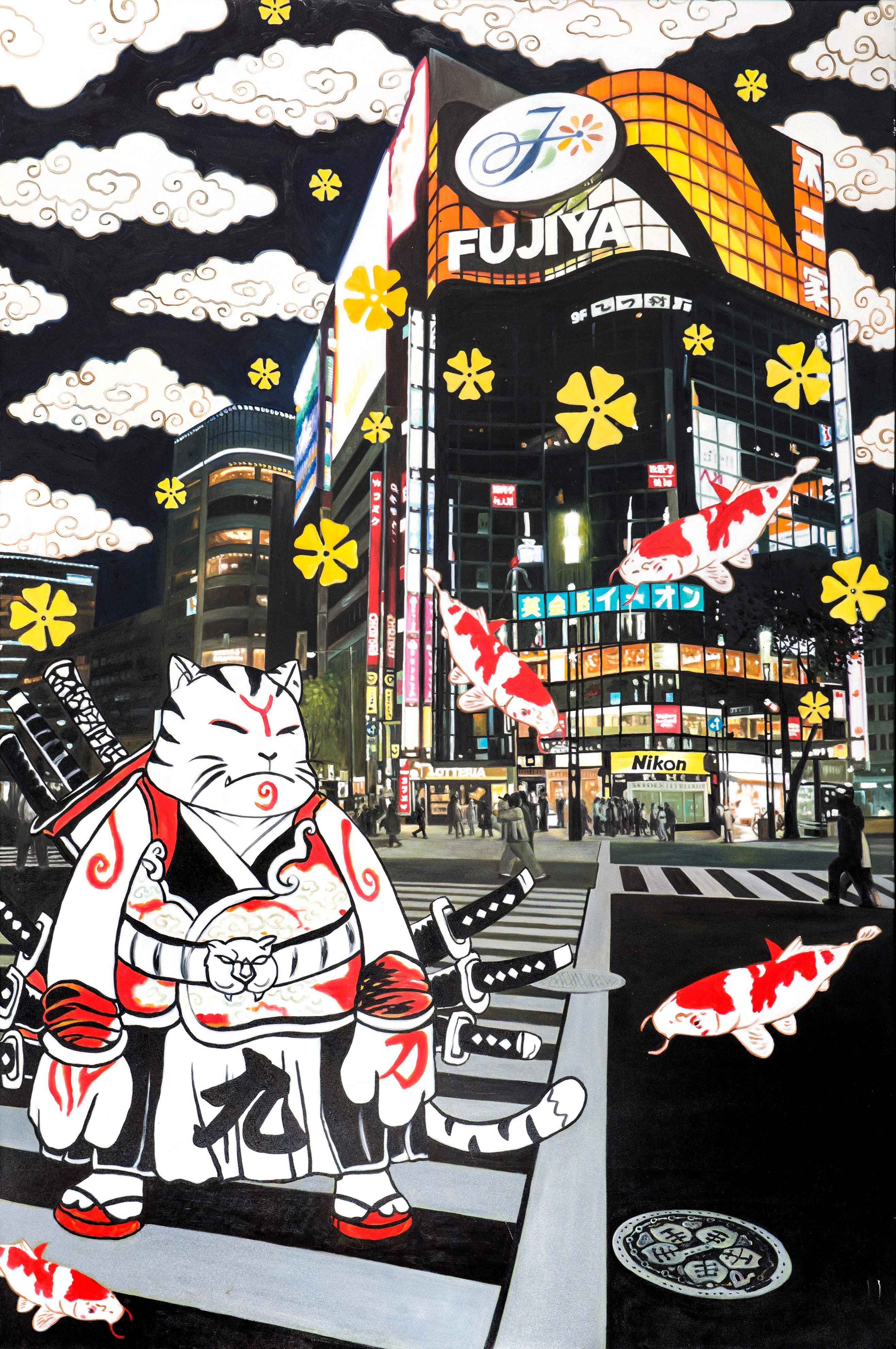 Samuraicat's Nikon Nocturne: Schatten festgehalten – Painting von HIRO ANDO