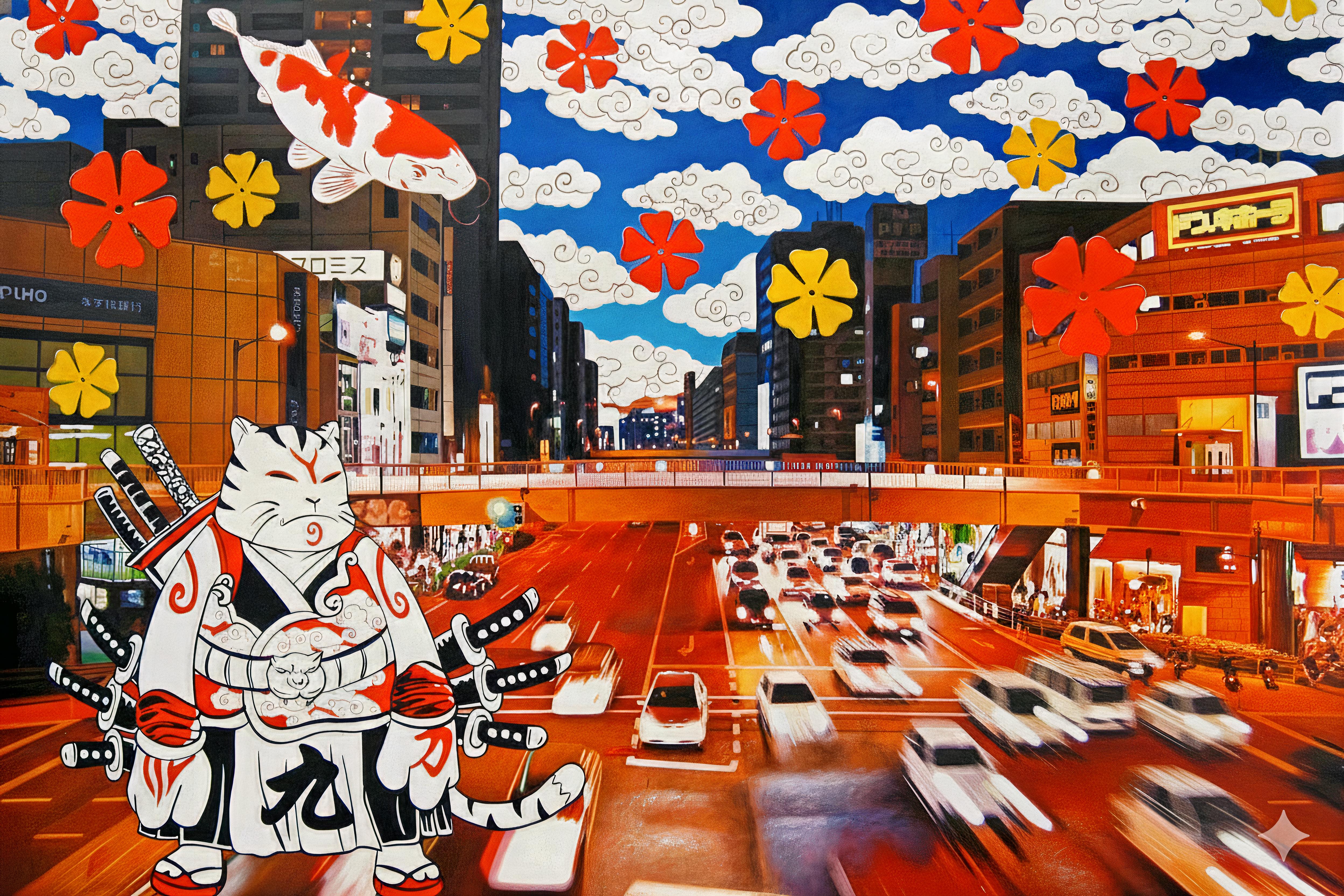 Nocturnal Echoes of Samuraicat: Kozokudoro Harmony (Zeitgenössisch), Painting, von HIRO ANDO