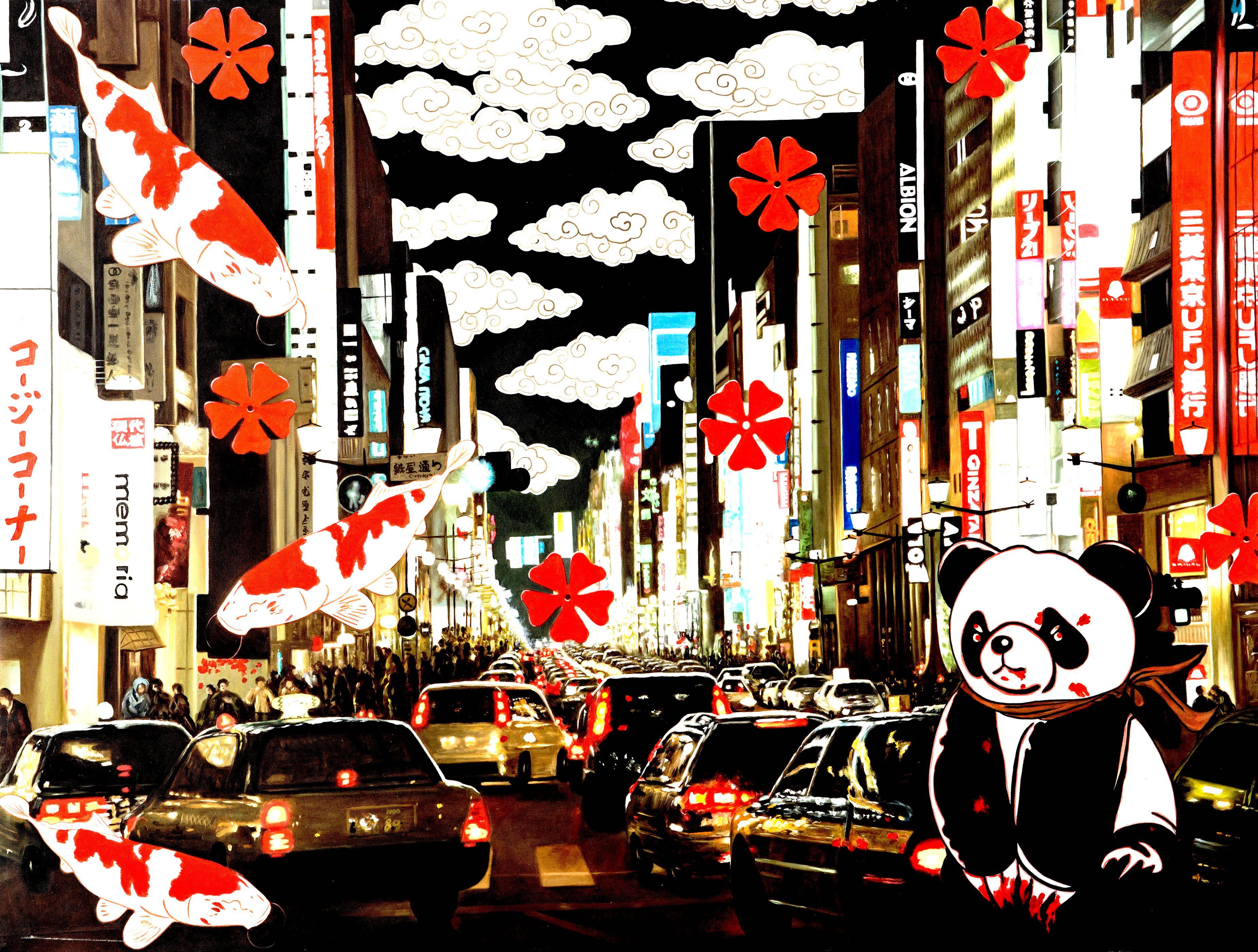 Ola Night Magic: Pandasan's Tokyo Serenade – Painting von HIRO ANDO