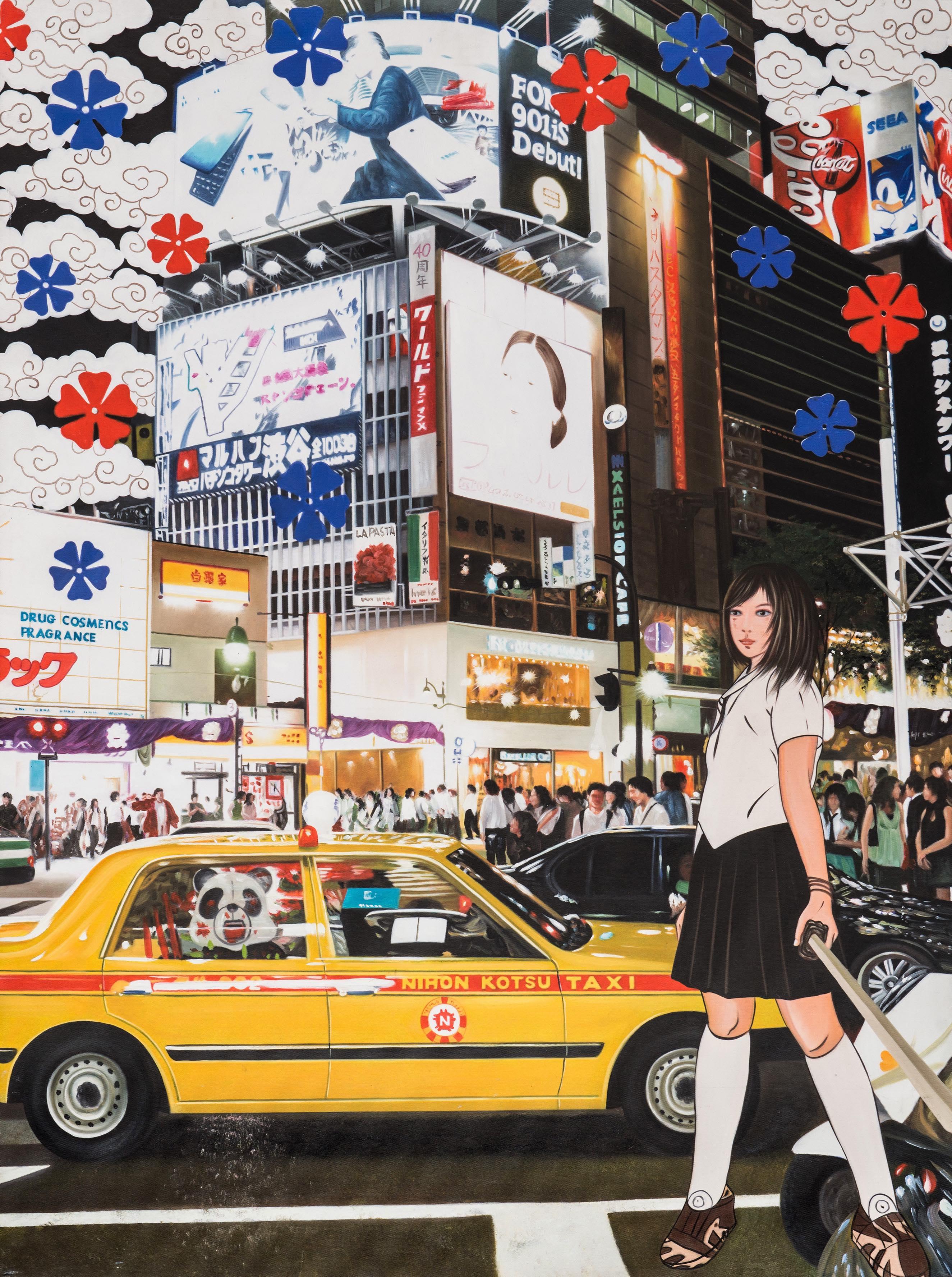 Pandasan's Nocturnal Journey in Kotsu Taxi : Midnight Sakura Ride - Painting by HIRO ANDO