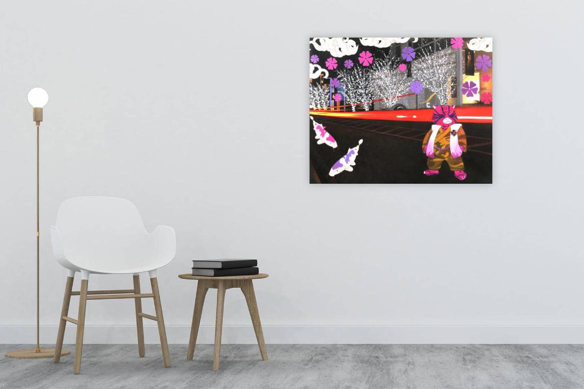 Urbancat's Saga : Lavender City Whispers - Contemporary Painting by HIRO ANDO