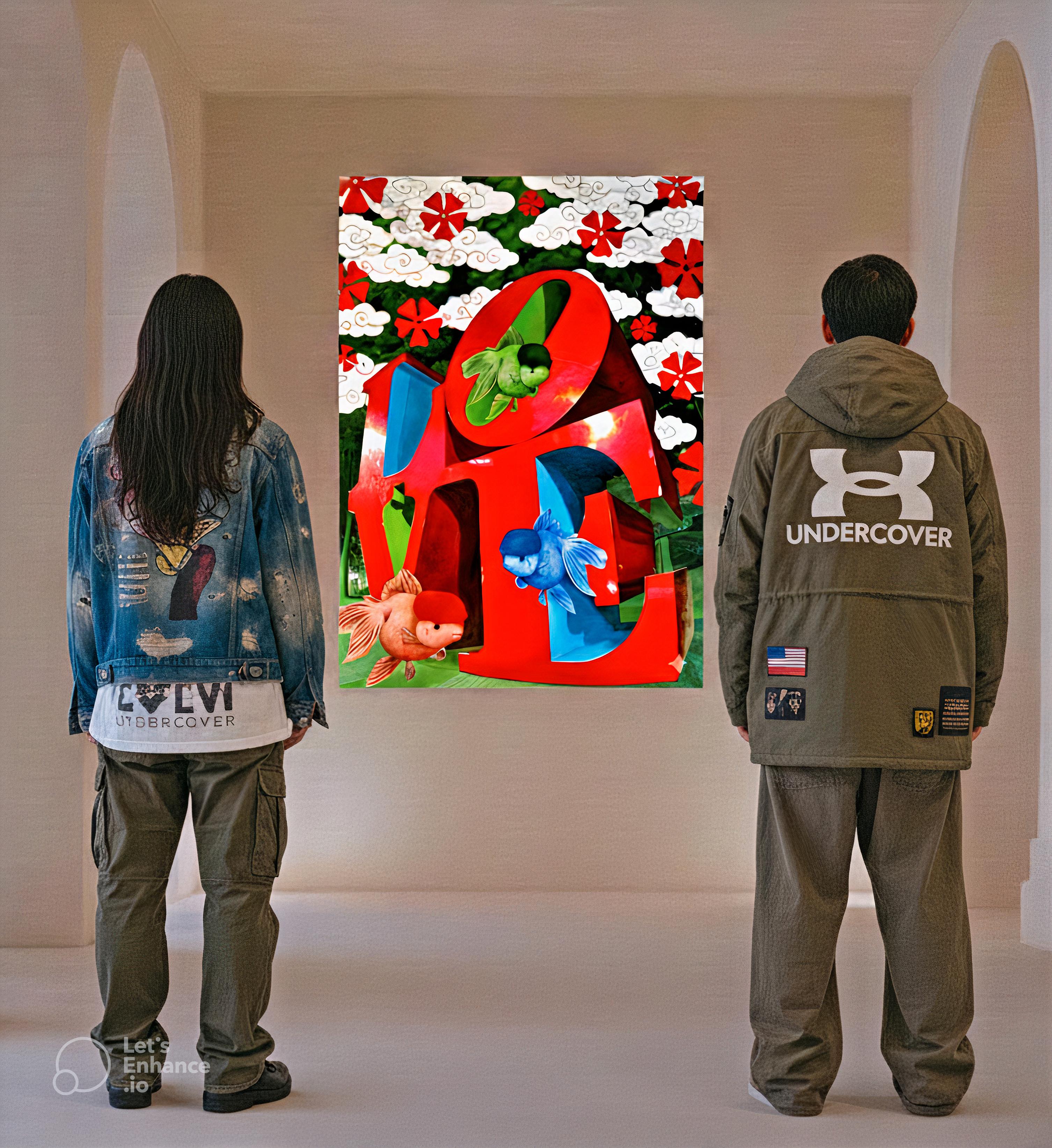 Écarlate LOVE & Nishikigoi Trio : Shinjuku Serenades - Marron Portrait Painting par HIRO ANDO