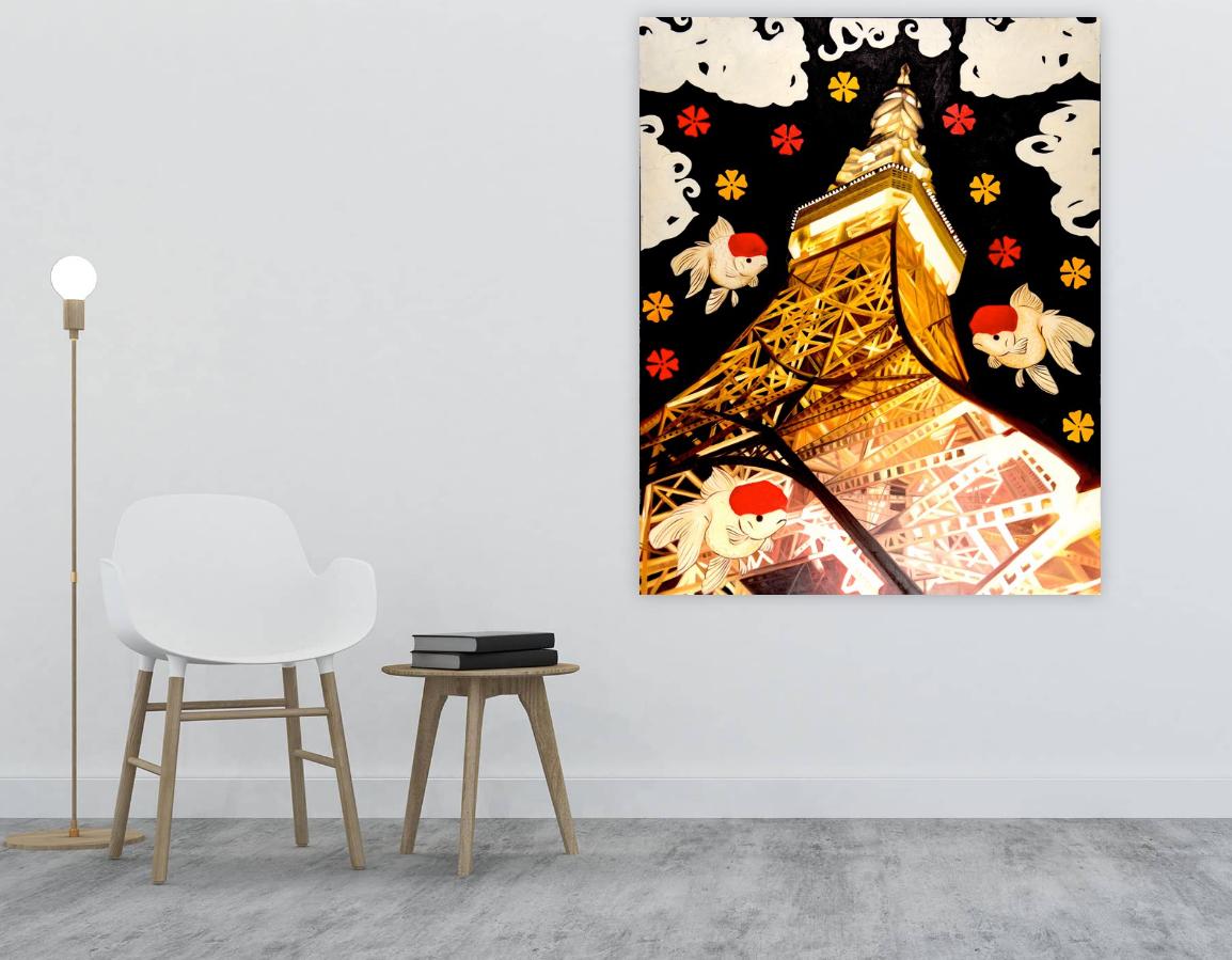 Golden Elegance : Tokyo Tower in the Night's Sonata - Contemporary Painting by HIRO ANDO