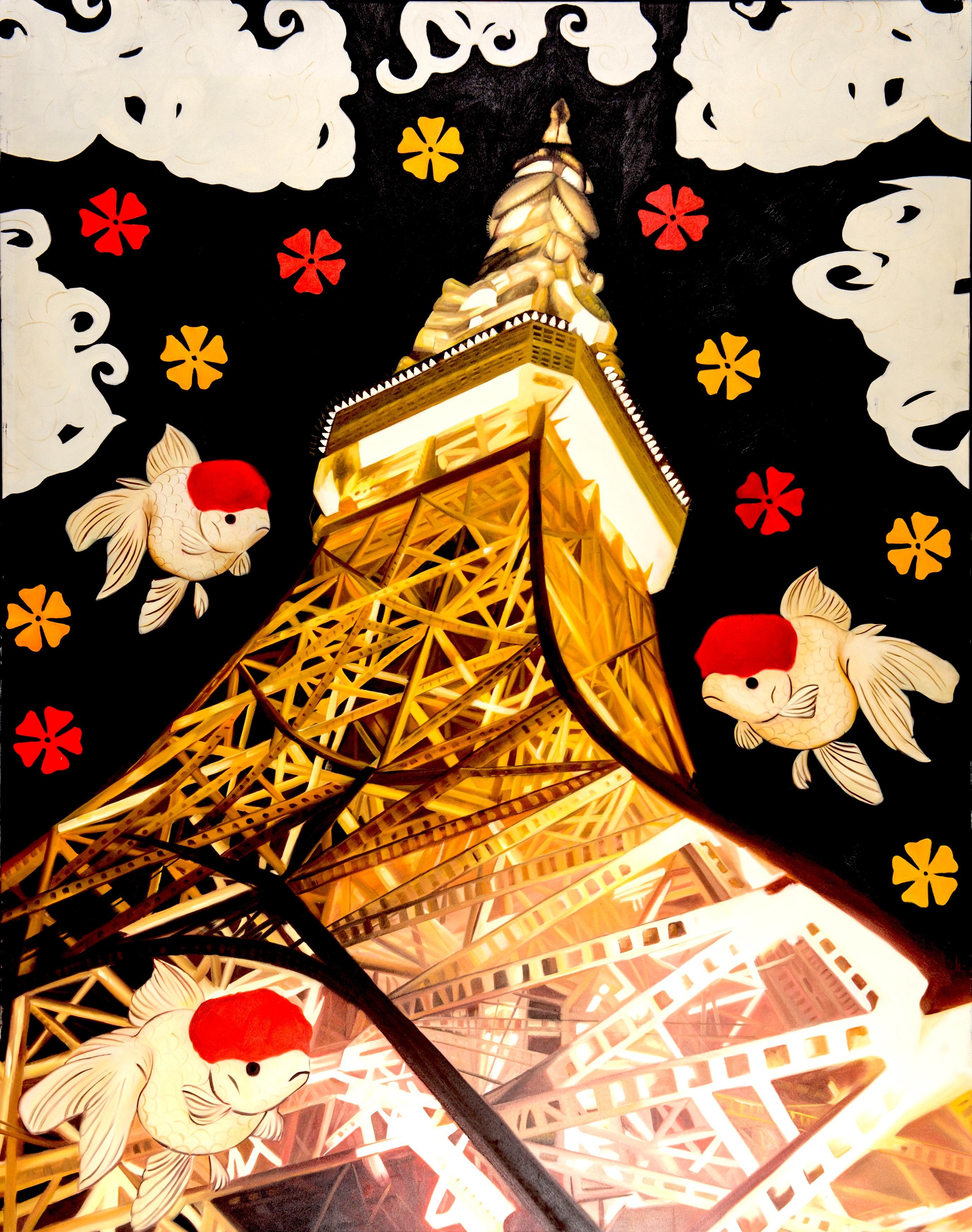 Elegance dorée : la tour de Tokyo dans la sonate de la nuit - Painting de HIRO ANDO