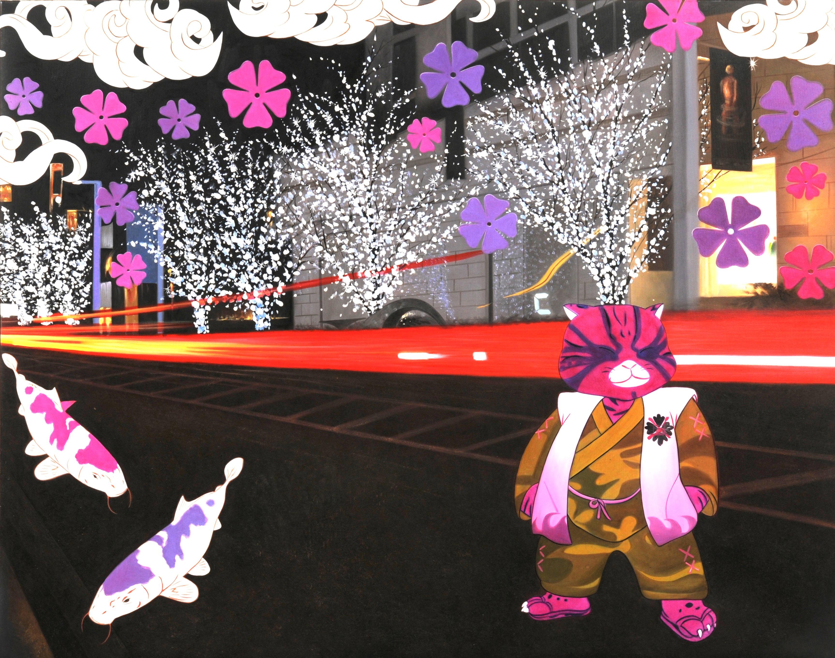 Urbancat's Saga : Lavender City Whispers - Contemporary Painting by HIRO ANDO