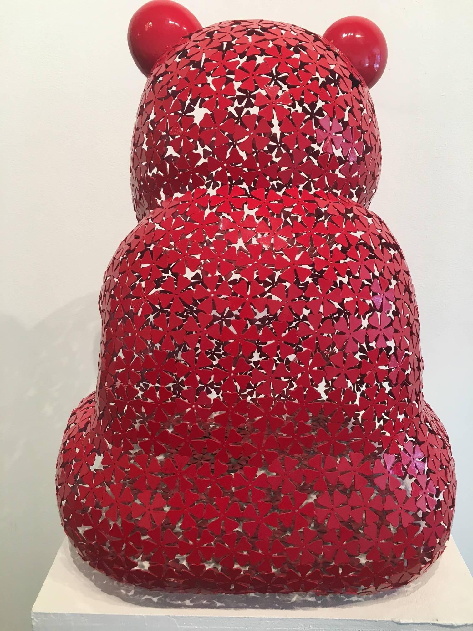 Hiro Ando 72 bear Red PANDASAN FLOWERPOWER  original sculpture - Contemporary Sculpture by HIRO ANDO
