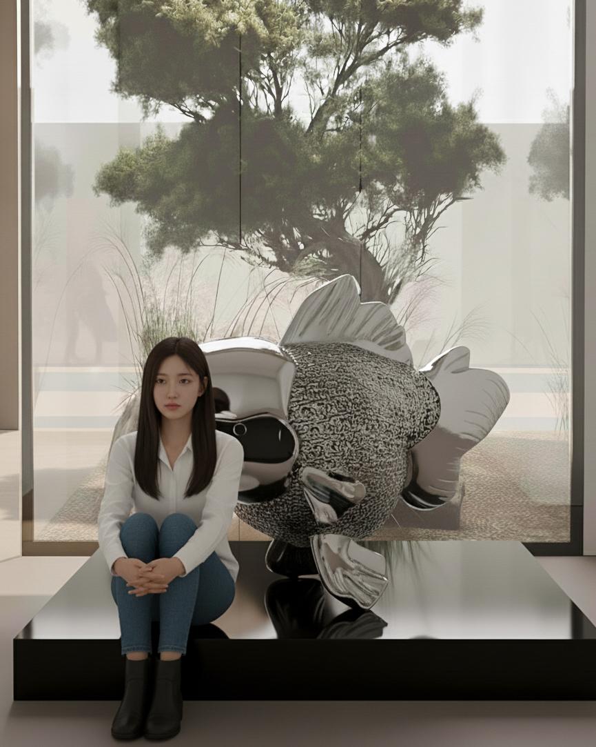 Majestic Nishikigoi in Metallo Splendore: Aqueous Grandeur Silver - Sculpture di HIRO ANDO