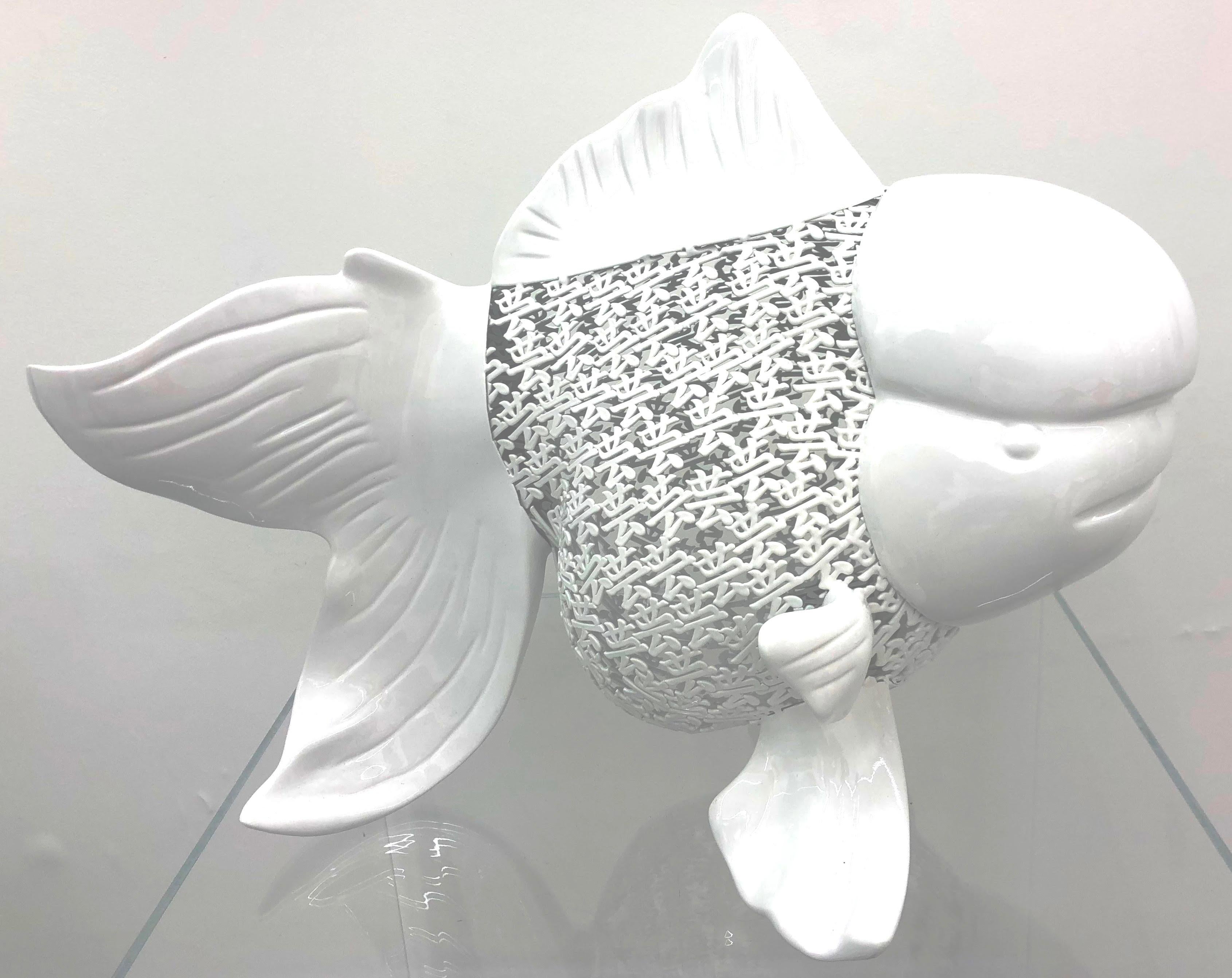 Petite Nishikigoi Elegance in Metal White : Mizu no Kasai Whispers - Sculpture by HIRO ANDO