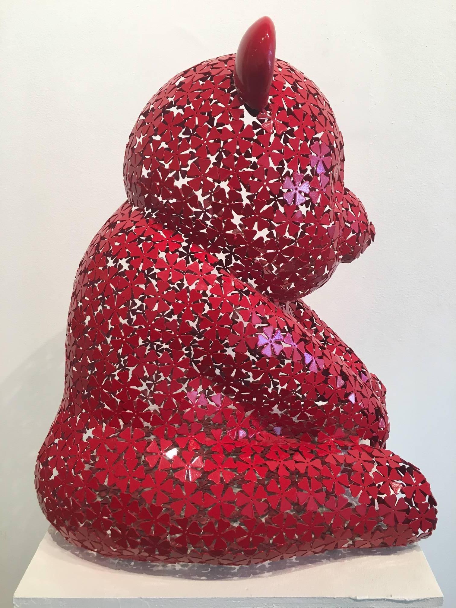  Hiro Ando bear Red PANDASAN FLOWERPOWER  original sculpture - Sculpture by HIRO ANDO