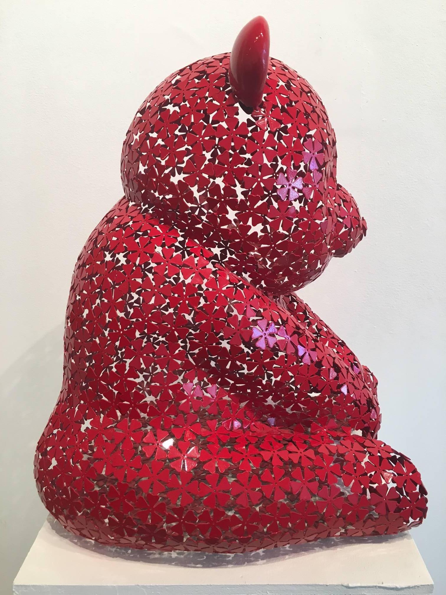 Hiro Ando orso rosso PANDASAN FLOWERPOWER  scultura originale - Sculpture di HIRO ANDO