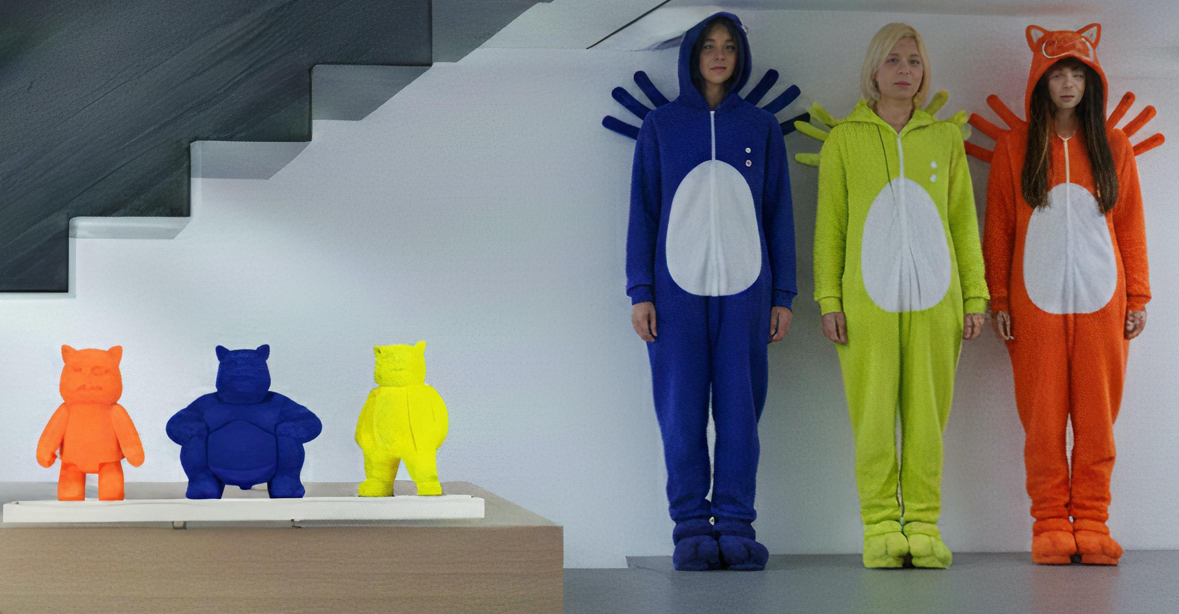 Trilogie Robotcat orange, Sumocat Blu, Urbancat jaune : Feline Metropolis - Sculpture de HIRO ANDO