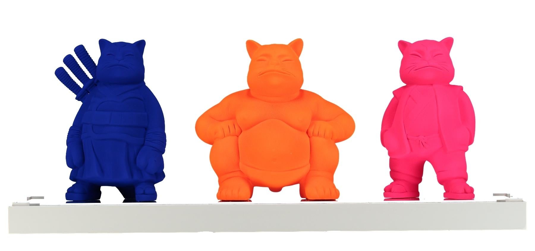 Trilogy Samuraicat Blu, Sumocat Orange, Urbancat Pink : Feline Odyssey - Sculpture by HIRO ANDO