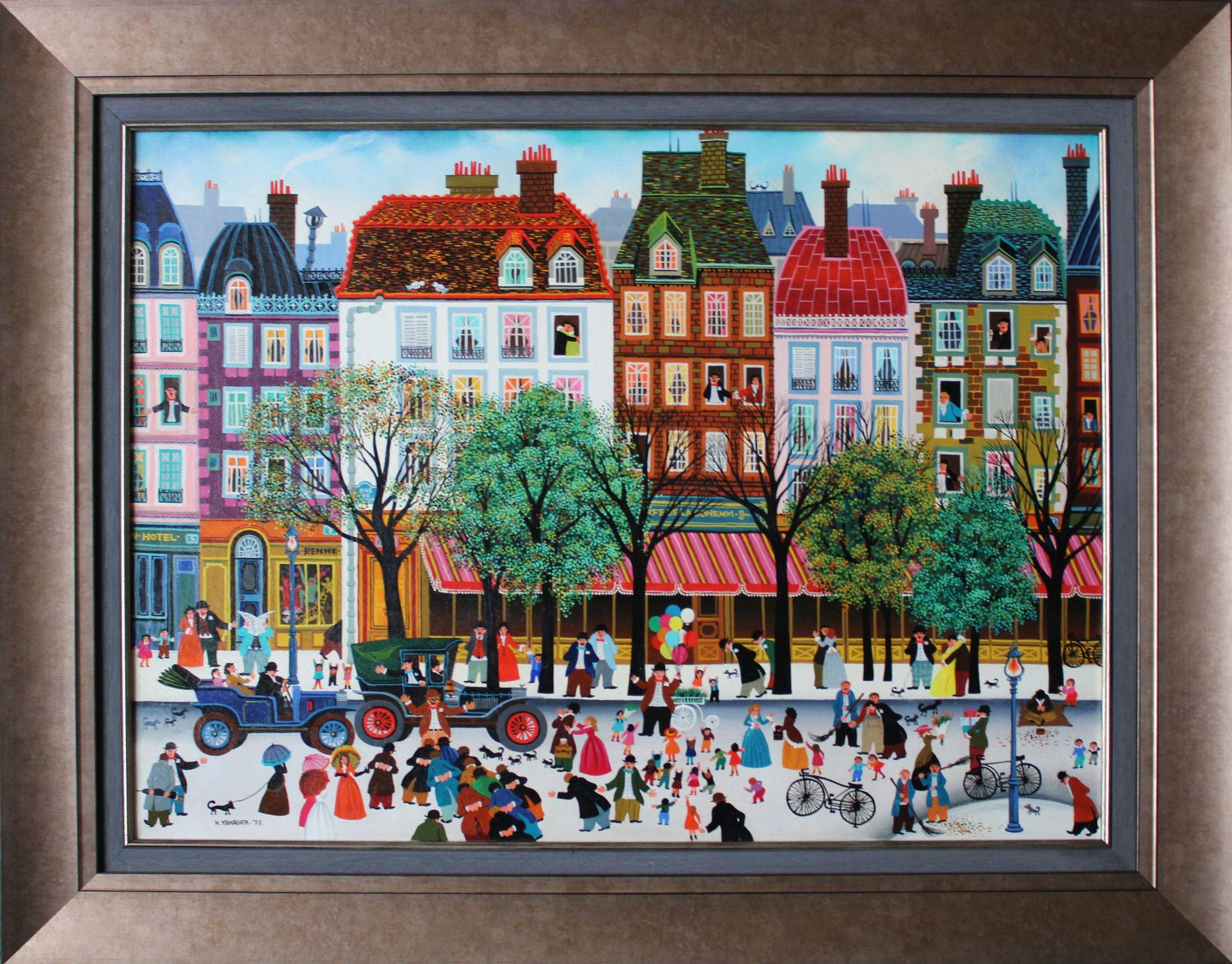 Lively Paris street. 1973. Oil on canvas. 54 x 73cm - Painting by Hiro Yamagata