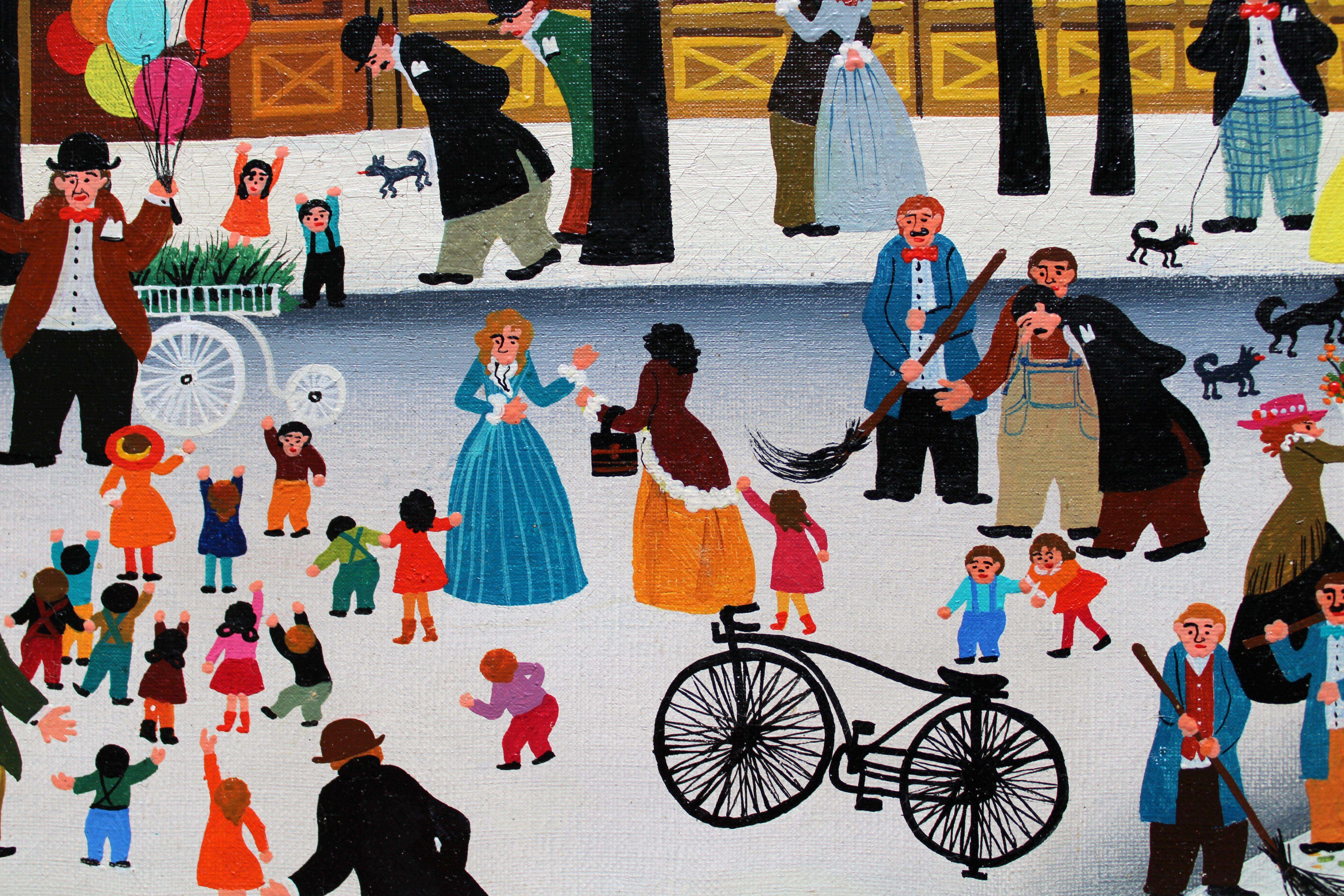 Rue animée de Paris. 1973. Huile sur toile. 54 x 73cm - Gris Figurative Painting par Hiro Yamagata