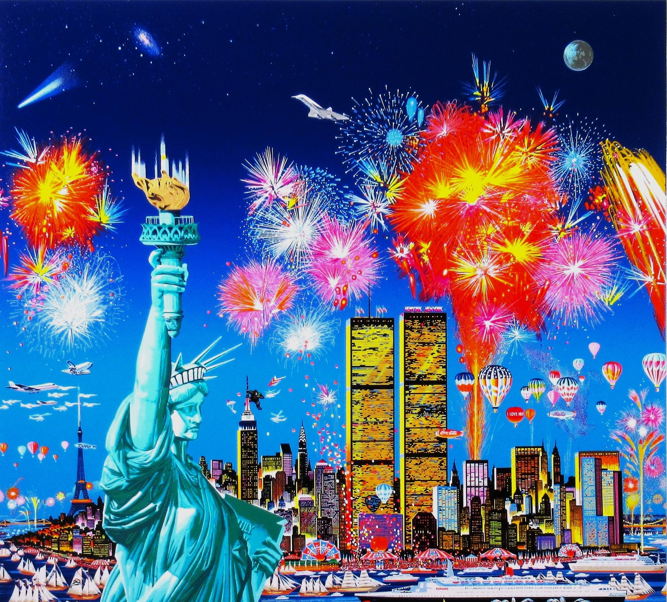 Happy Birthday Liberty, 100e anniversaire de la Statue de la Liberté Grande sérigraphie - Bleu Print par Hiro Yamagata