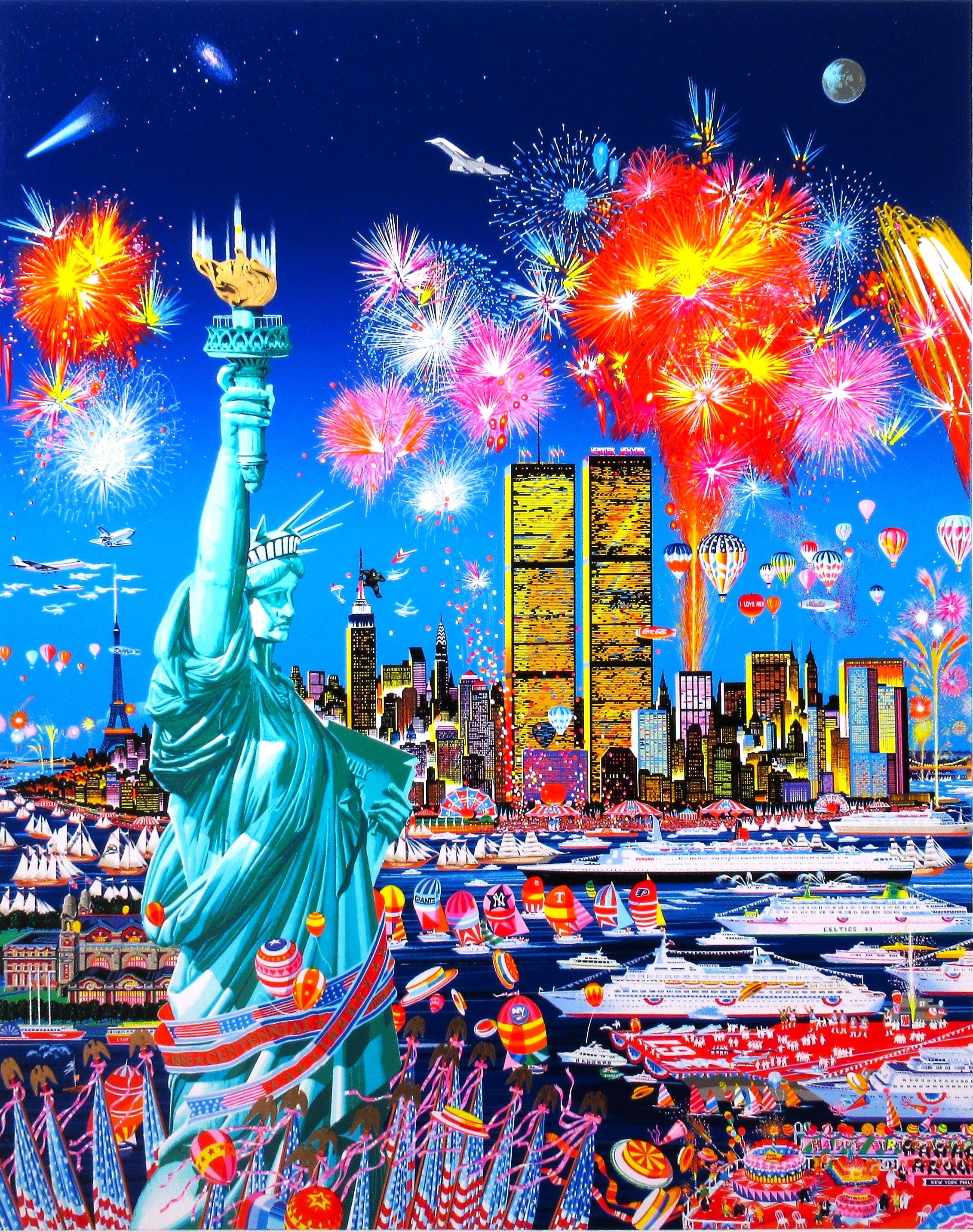 Hiro Yamagata Print – Happy Birthday Liberty, 100. Geburtstag der Freiheitsstatue. Große Serigraphie