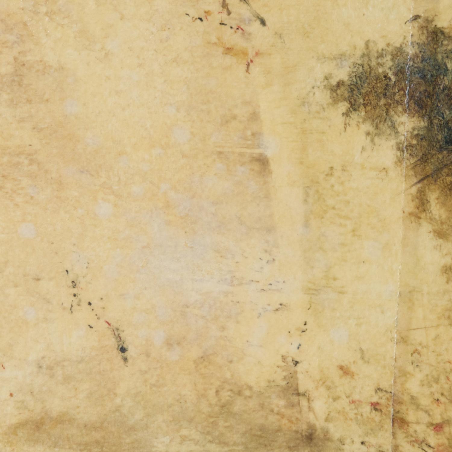 mischtechnik auf Papier; ungerahmt

Der neoromantische Maler Hiro Yokose verschmilzt mehrere Schichten aus Wachs und Ölfarbe zu geheimnisvollen, verschleierten Landschaften, die von Lichtblitzen am Himmel und Spiegelungen auf dem Wasser beleuchtet