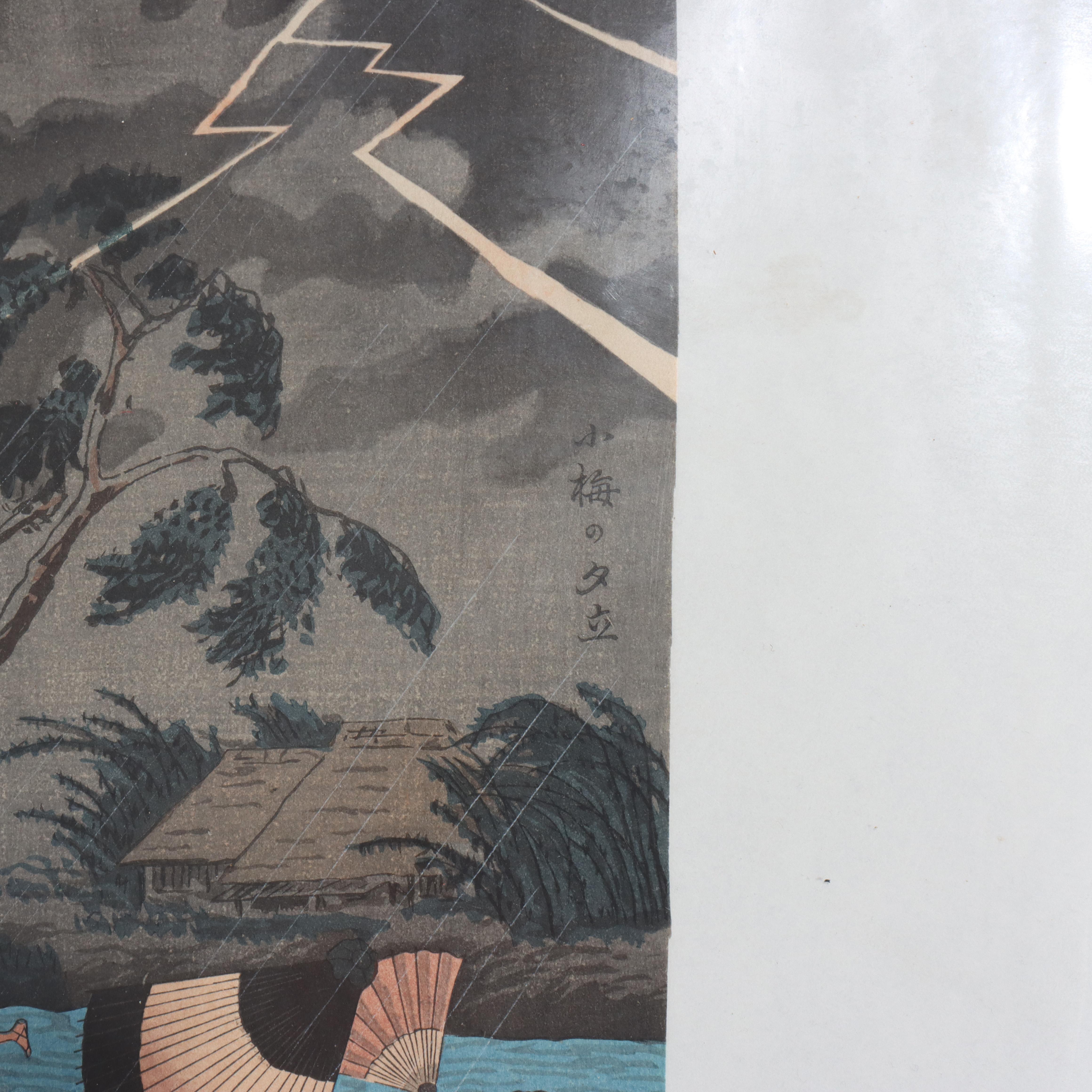 Hiroaki Takahas Japanese Woodblock Print “Thunderstorm At Tateishi” Signed C1925 In condizioni buone in vendita a Big Flats, NY