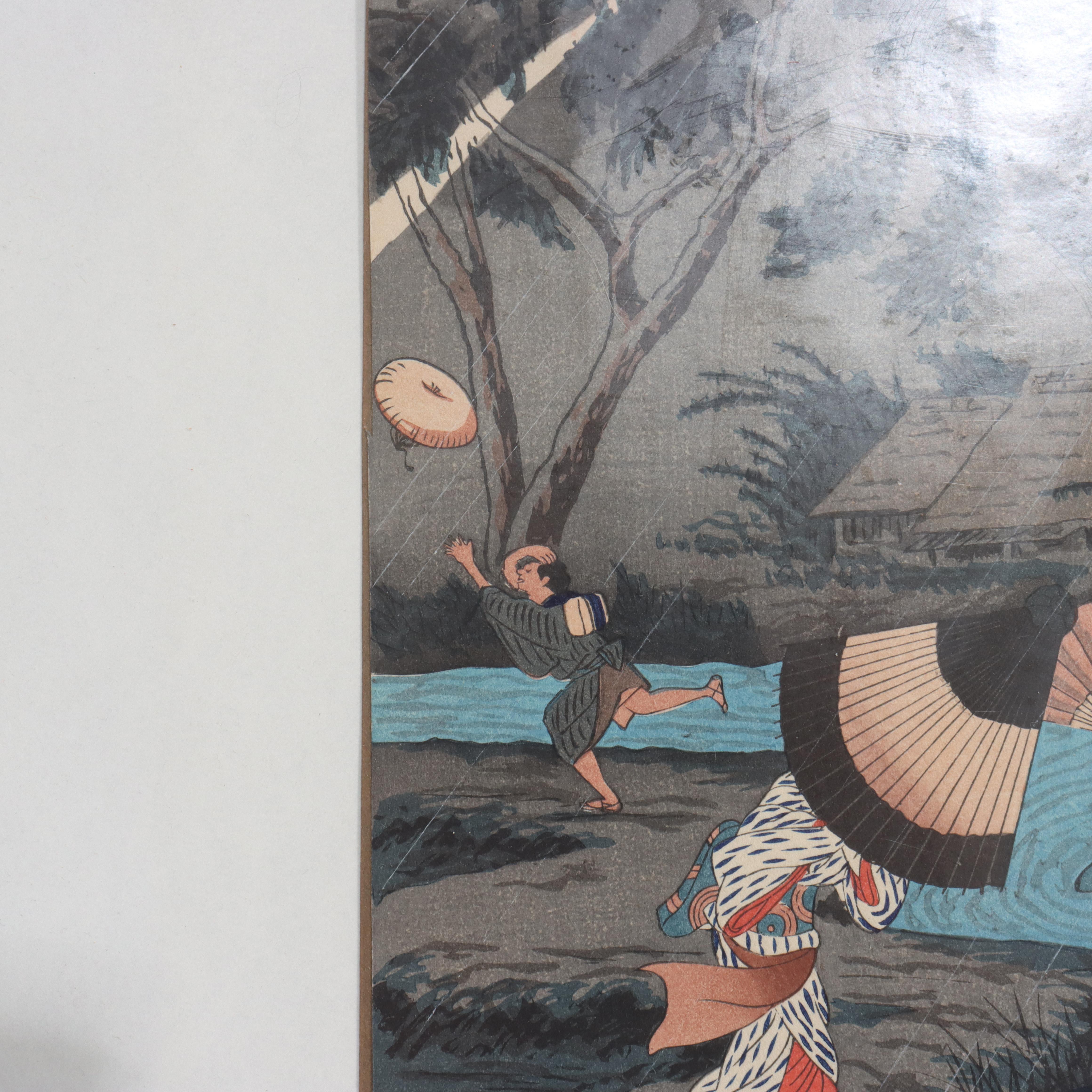 XX secolo Hiroaki Takahas Japanese Woodblock Print “Thunderstorm At Tateishi” Signed C1925 in vendita