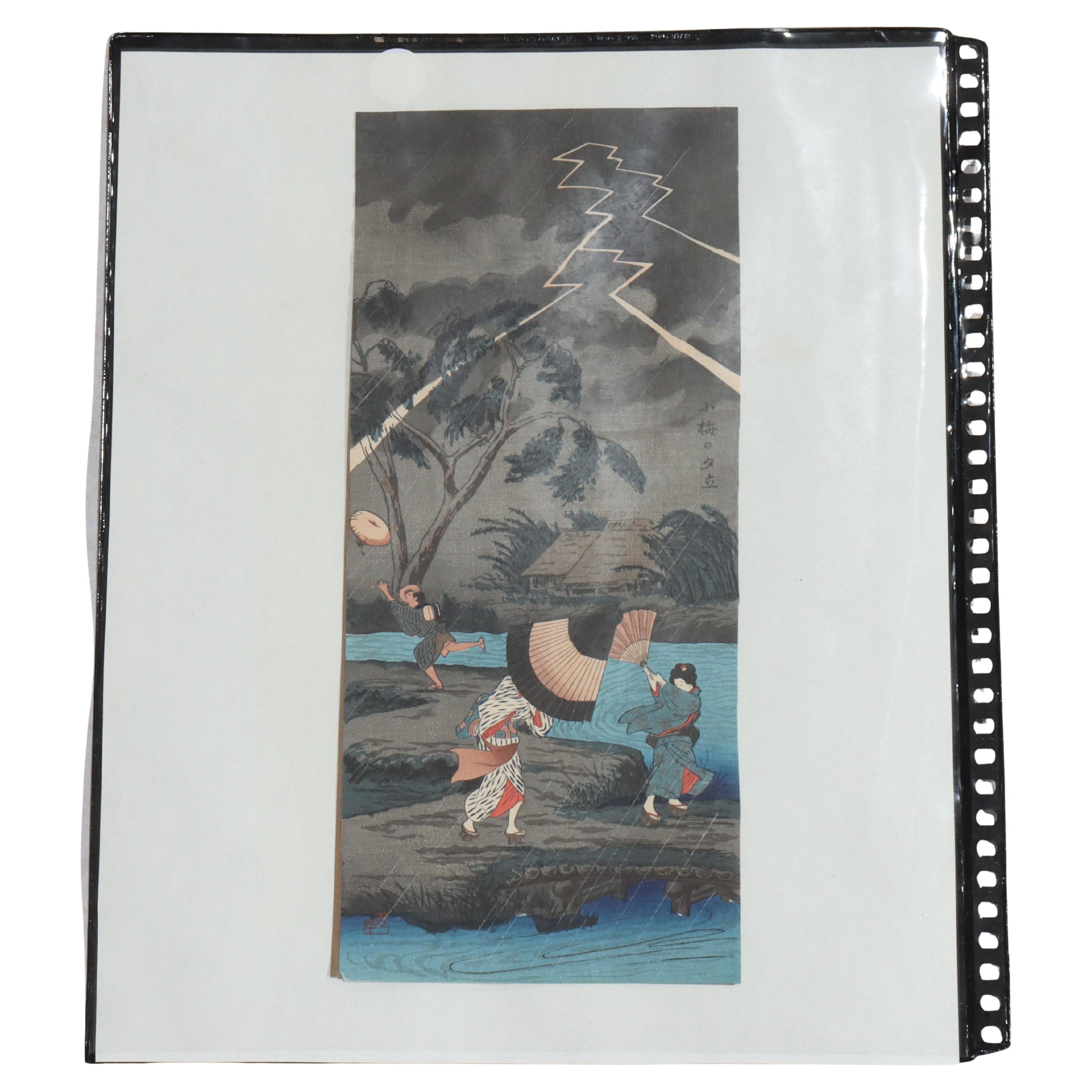 Hiroaki Takahas Japanese Woodblock Print “Thunderstorm At Tateishi” Signed C1925