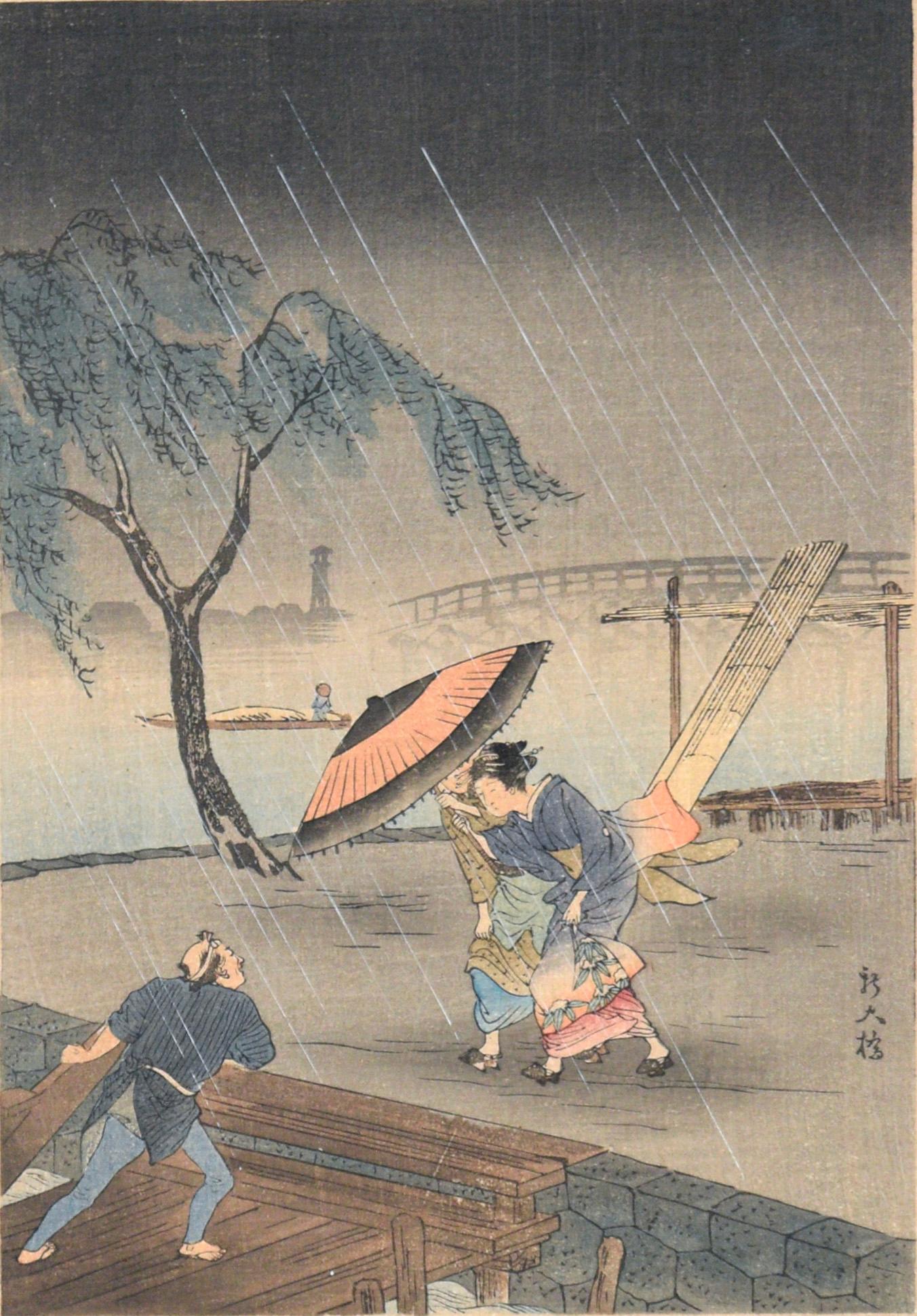 Caught in the Rain - Japanese Woodblock Etching in Ink on Paper - Print by Hiroaki Takahashi Shotei