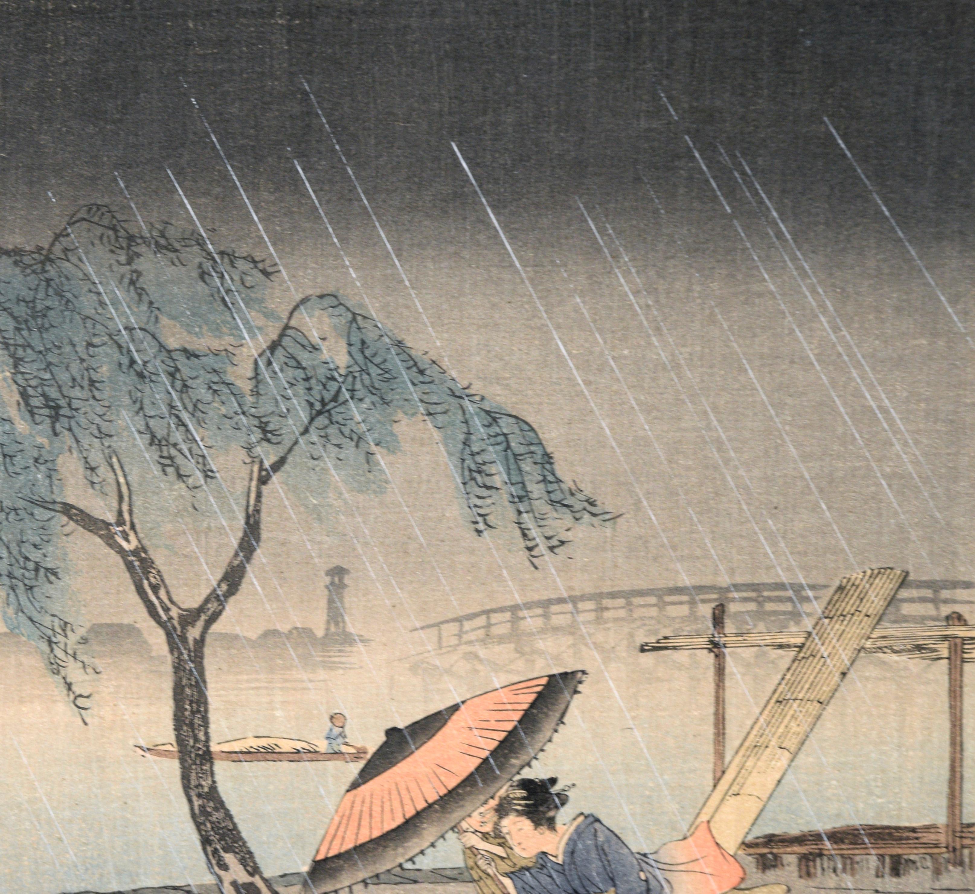 Caught in the Rain - Japanese Woodblock Etching in Ink on Paper - Edo Print by Hiroaki Takahashi Shotei