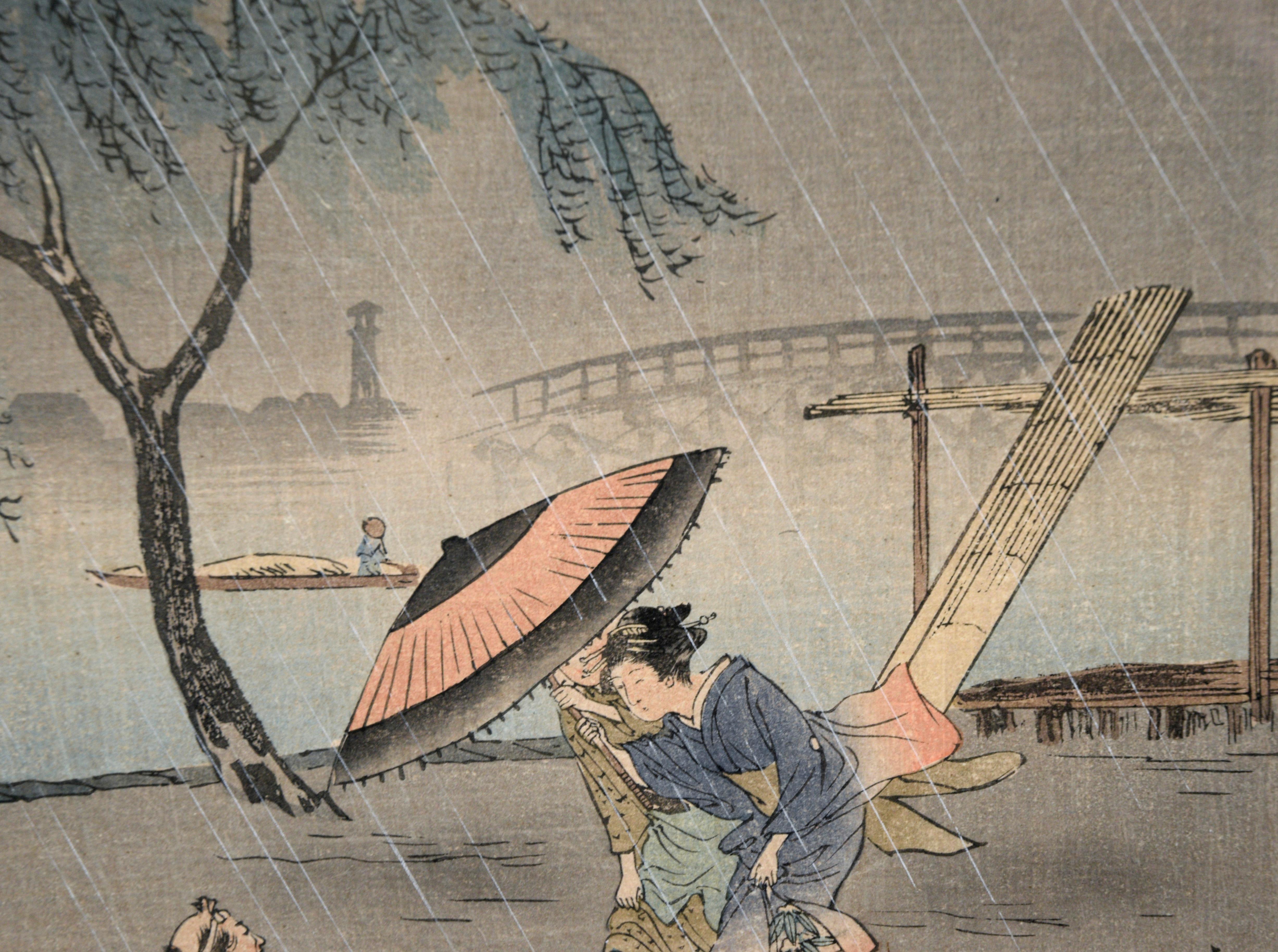 Caught in the Rain - Japanese Woodblock Etching in Ink on Paper

Gorgeous woodblock print of rainfall by Japanese artist SHOTEI (AKA HIROAKI) (Japanese, 1871 - 1945). Two people are walking in the rain along a riverbank, leaning forward into the