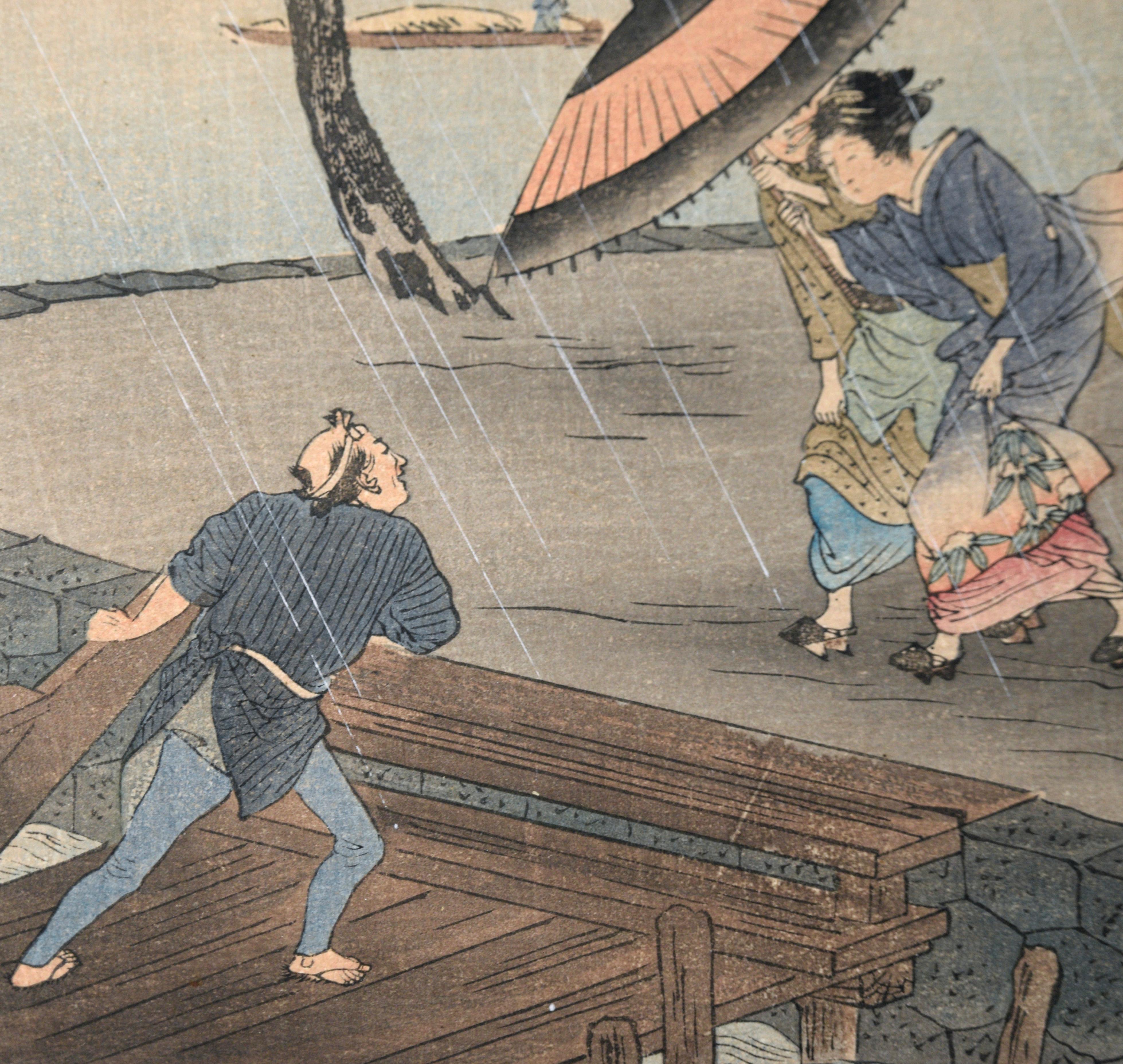 Caught in the Rain - Japanese Woodblock Etching in Ink on Paper 1