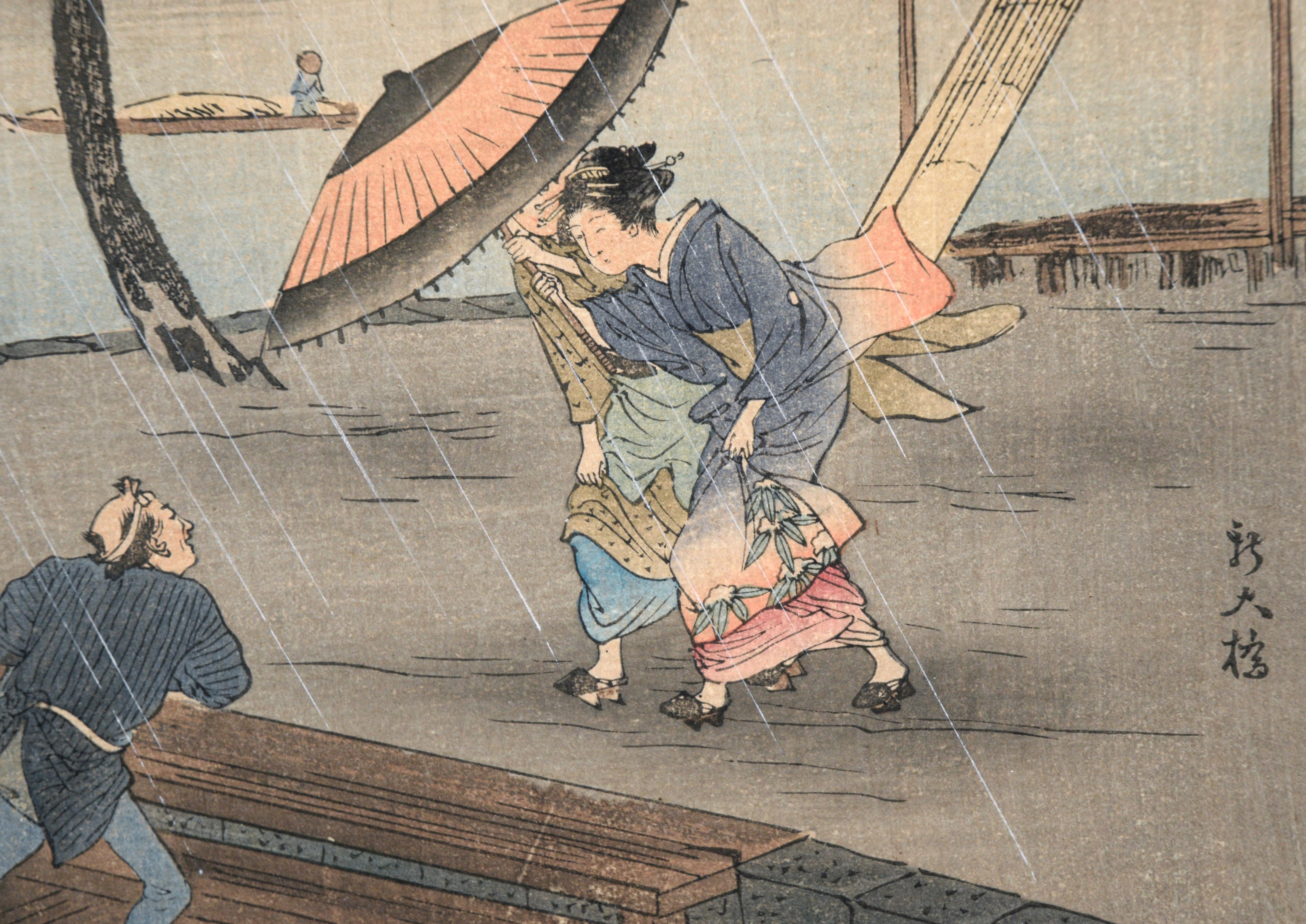 Caught in the Rain - Japanese Woodblock Etching in Ink on Paper 2