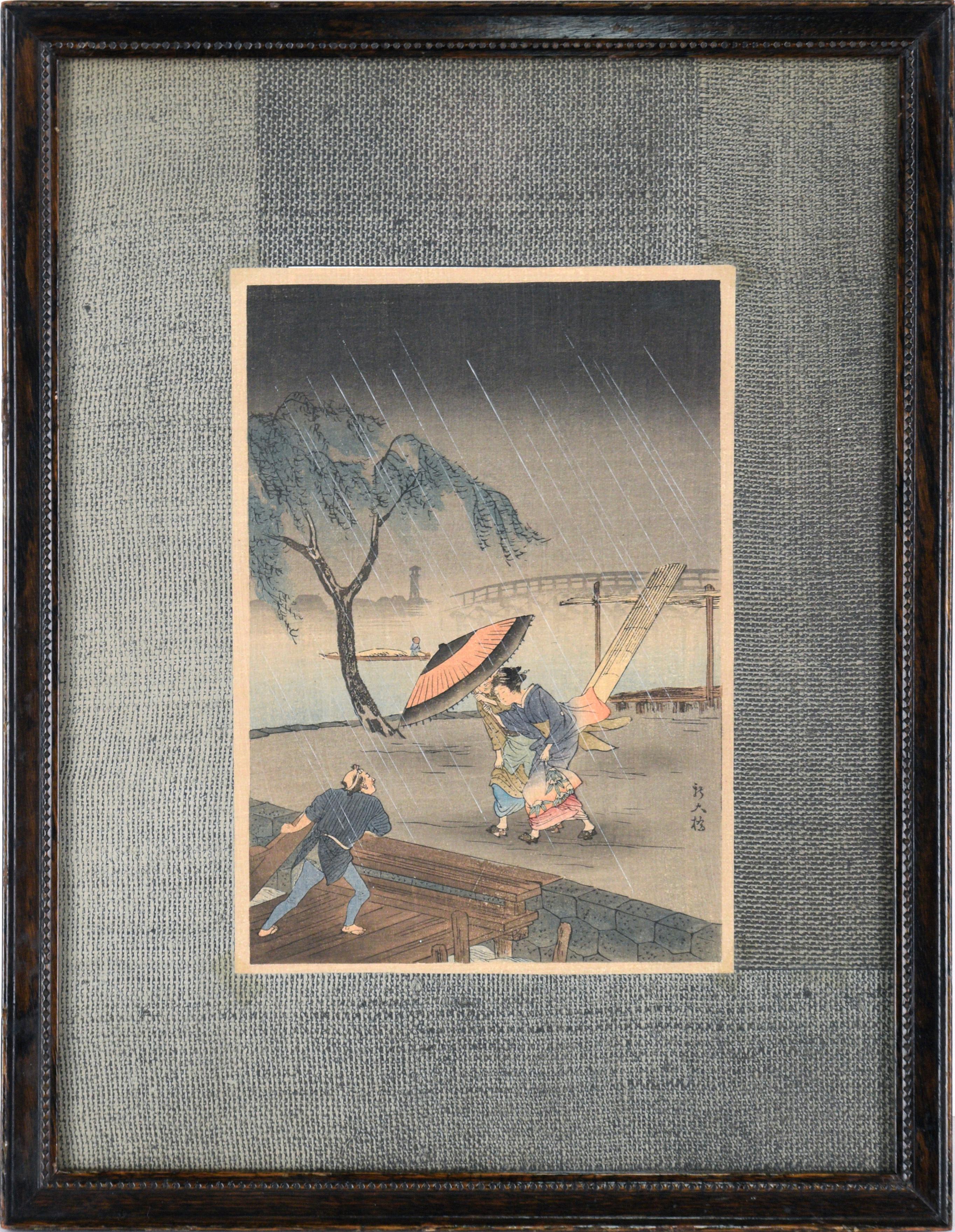 Hiroaki Takahashi Shotei Landscape Print - Caught in the Rain - Japanese Woodblock Etching in Ink on Paper