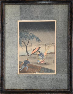 Caught in the Rain - Japanese Woodblock Etching in Ink on Paper