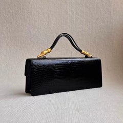 Hiroko Koshino Black Crocodile Print Calfskin Leather East West Clutch Bag