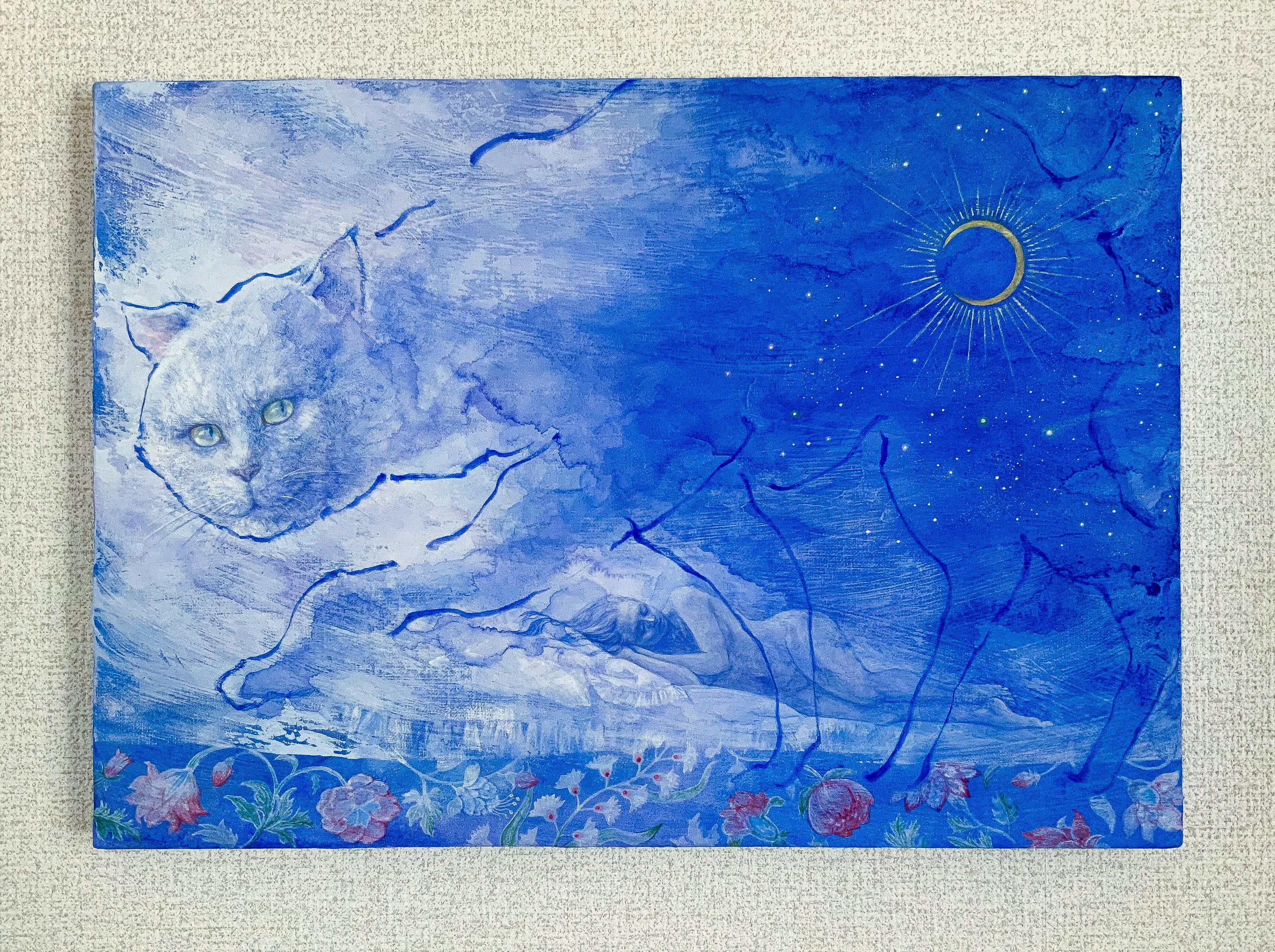 Zeitgenössische japanische Kunst von Hiromi Sengoku - Eine Katze bringt die Nacht im Angebot 1