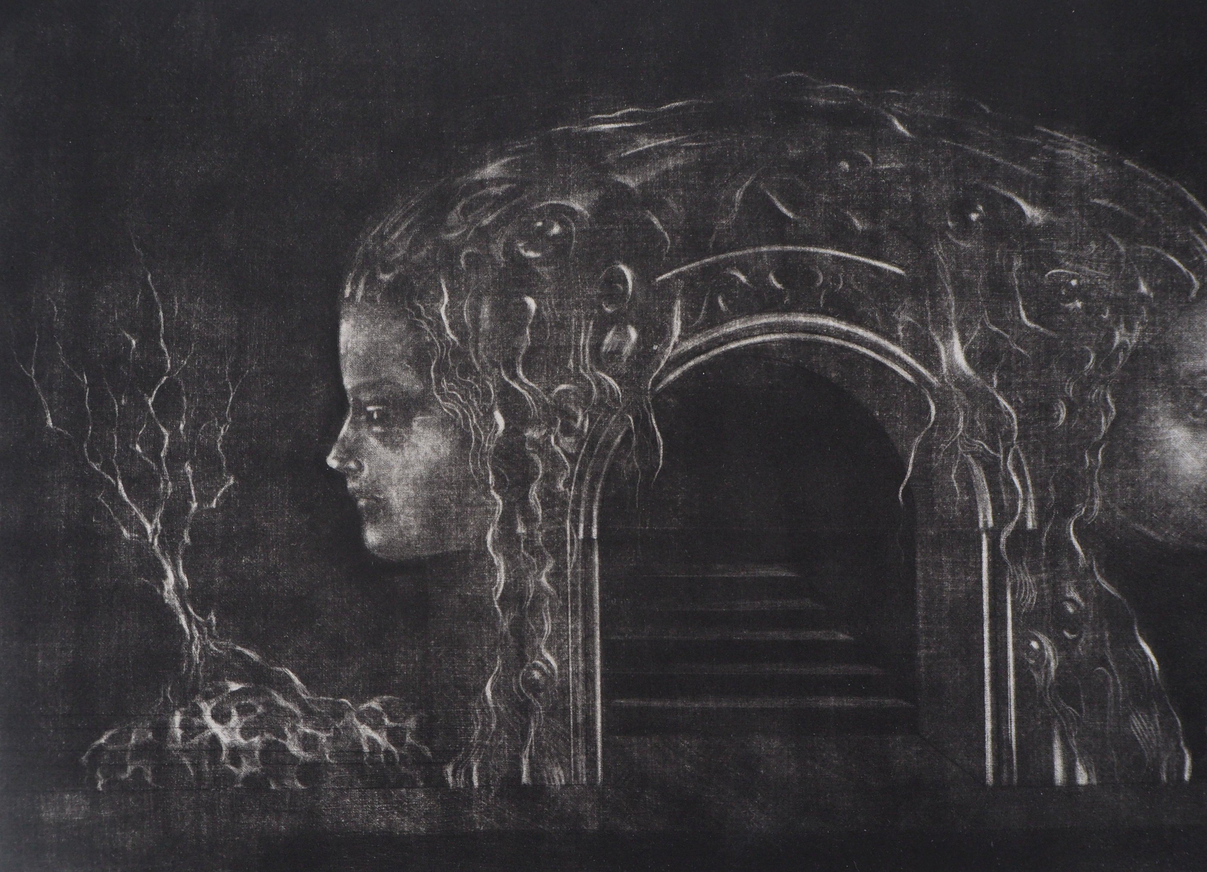 Women Temple - Original handsigned etching - Numbered / 115 - Surrealist Print by Hiroshi Asada